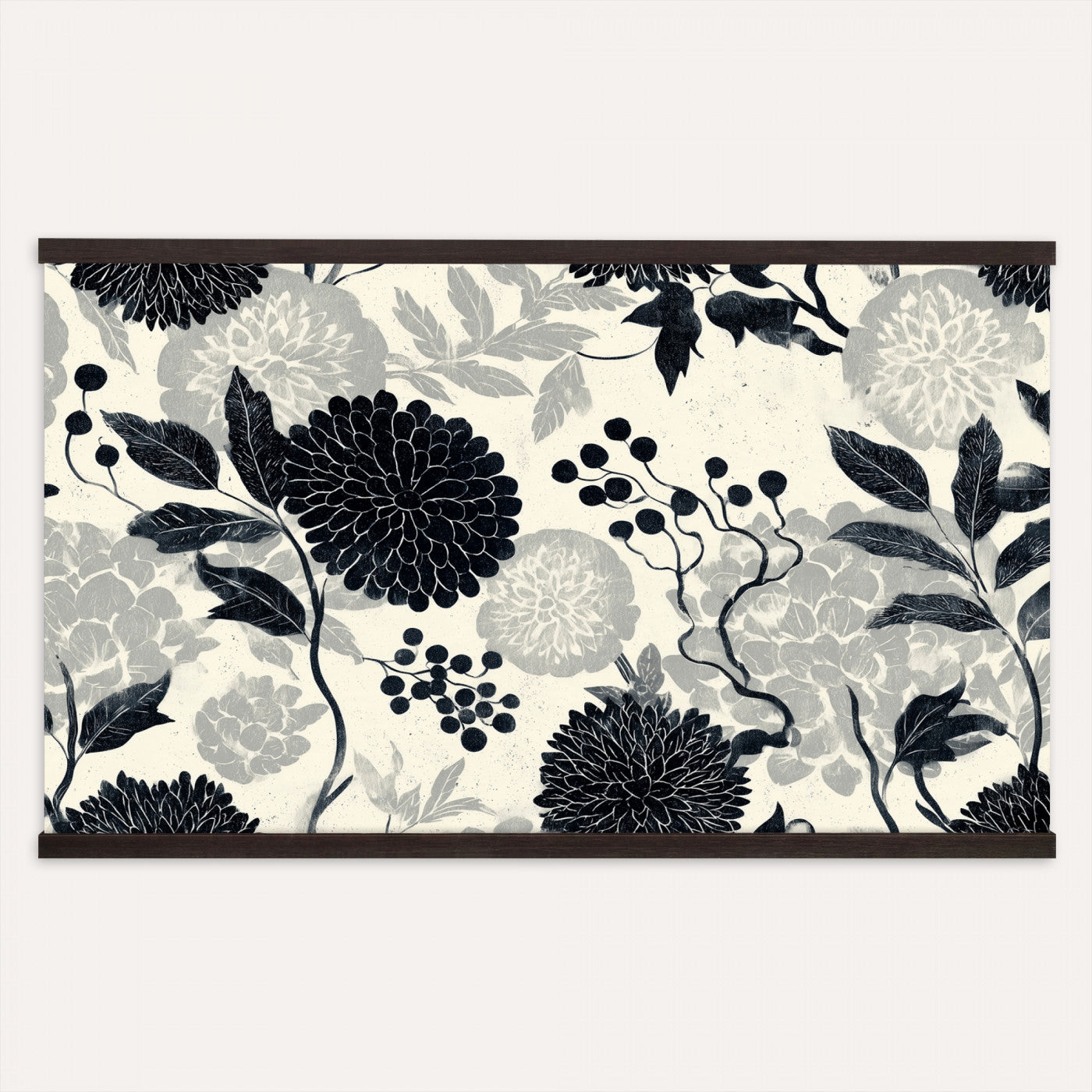 27269625-MGV-TP-30X20 - Chinoiserie ink block print tapestry wall hanging of "Chinoiserie Peony and Chrysanthemum Panel", showing peonies and chrysanthemums layered across a soft grey field, drawn in muted black line in black and soft grey linework on a warm neutral ground. Extra large wall art, made in the USA.