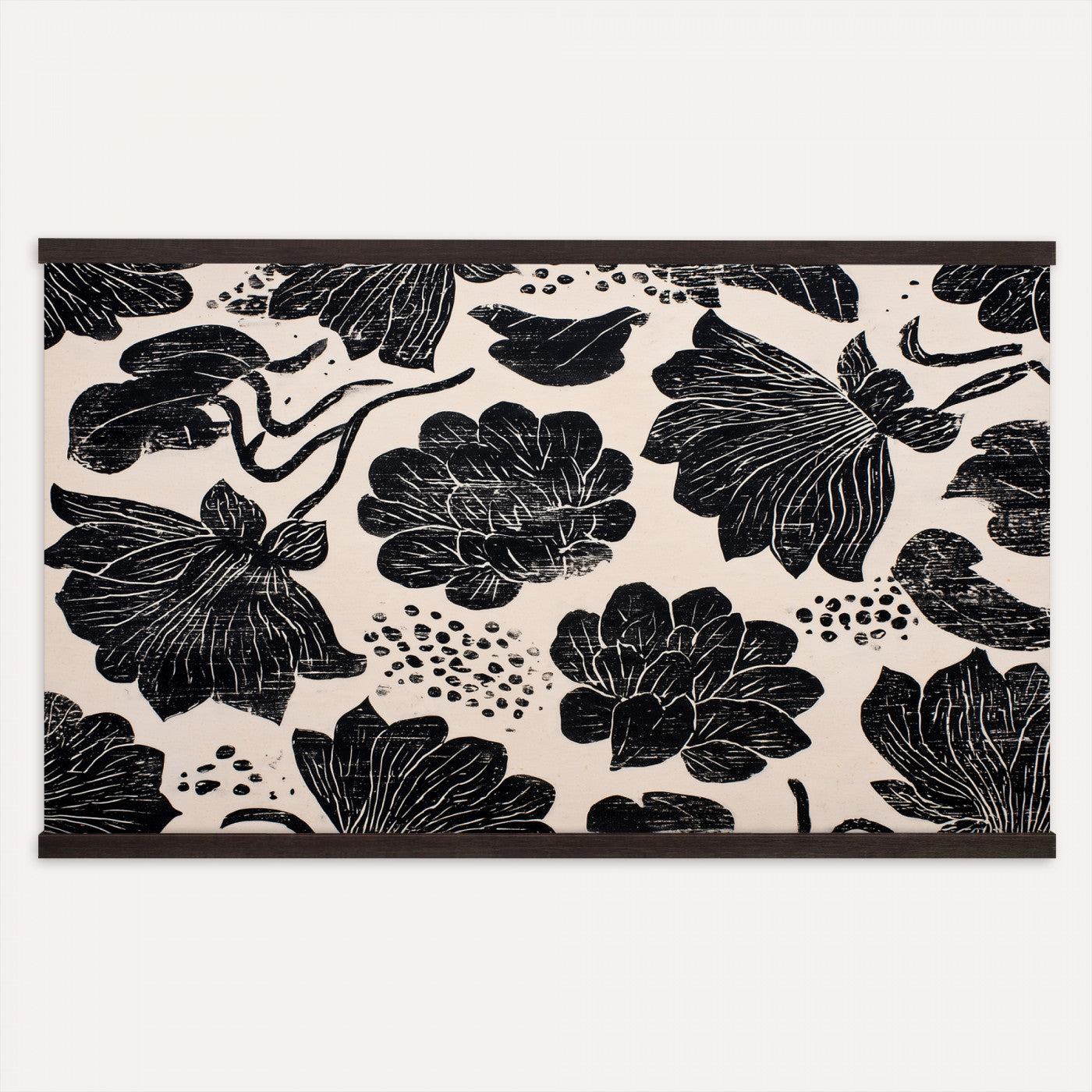 91793867-MGV-TP-30X20 - Chinoiserie ink block print tapestry wall hanging of "Chinoiserie Lotus Panel", showing open lotus flowers and broad water lily pads rising on tall stems, cut in bold black and white in deep black lotus linework on a soft white ground. Extra large wall art, made in the USA.