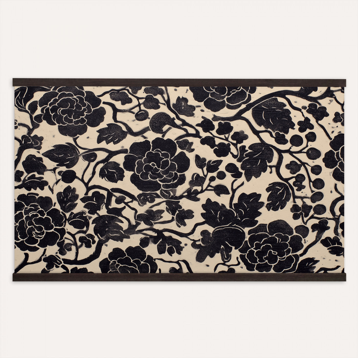 18660803-MGV-TP-30X20 - Chinoiserie ink block print tapestry wall hanging of "Chinoiserie Peony Panel", showing full peony blooms, curling stems and layered leaf work drawn in fine black line on a pale ground in deep black linework on a soft white ground. Extra large wall art, made in the USA.