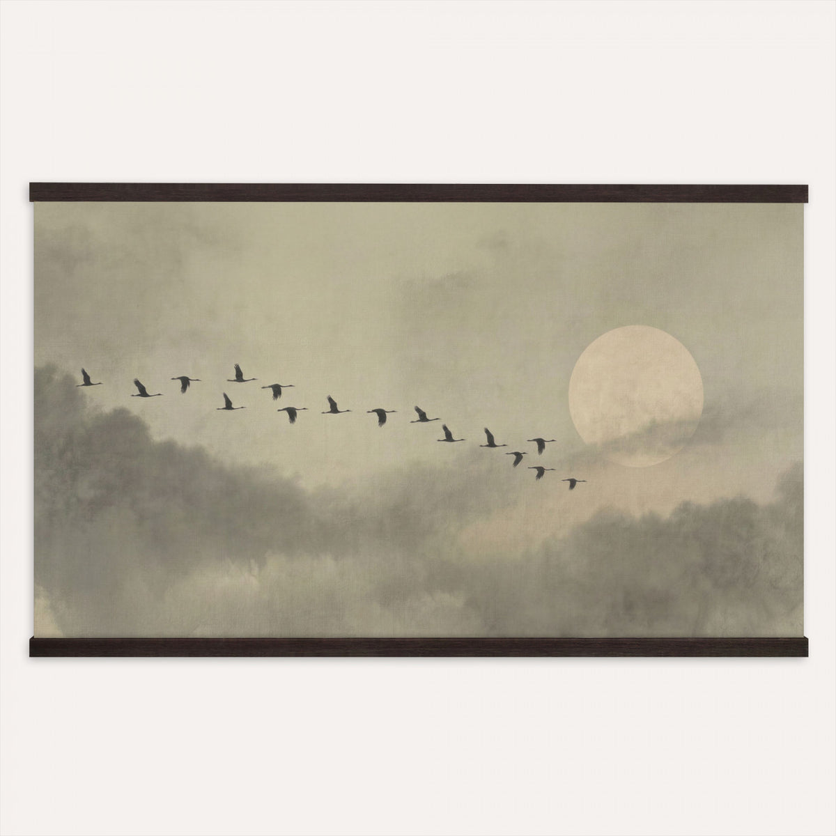 1209814BT-MGV-TP-30X20 - Flying Cranes Tapestry Wall Art, Misty Landscape with Moon, Sage Green Japandi Decor, Framed Print