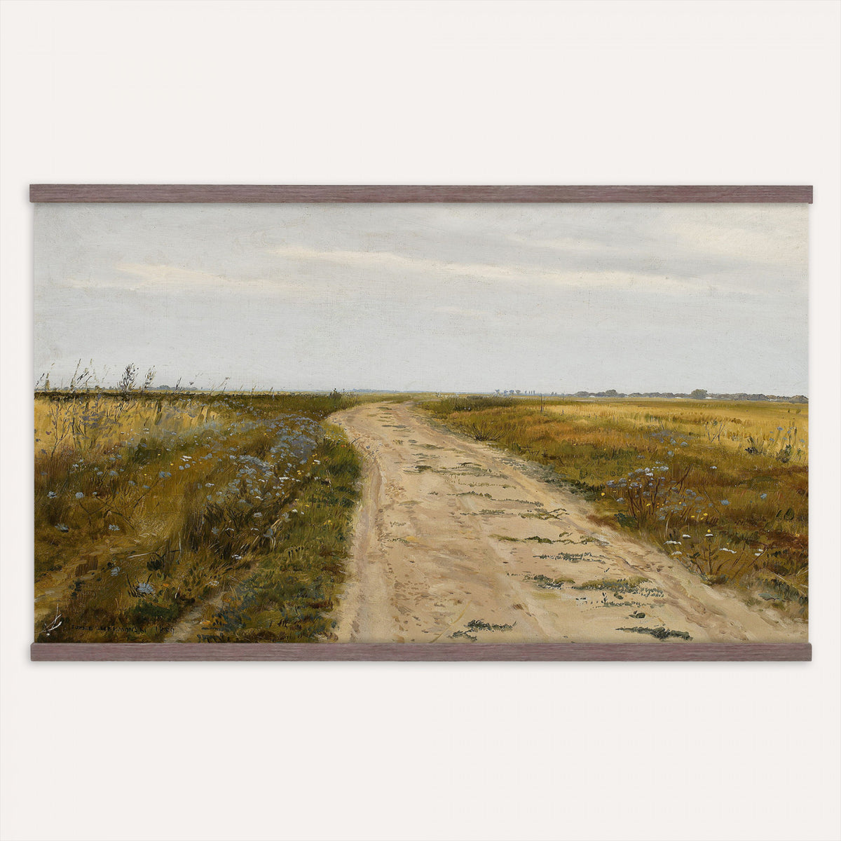 93198256-MGV-TP-30X20 - Realism oil painting tapestry wall hanging of "Field Track" by Jozef Chelmonski, showing a rutted dirt track cutting through open meadow grass toward a low horizon and a wide country sky in warm earth track tones with green meadow grass under a broad sky. Extra large wall art, made in the USA.