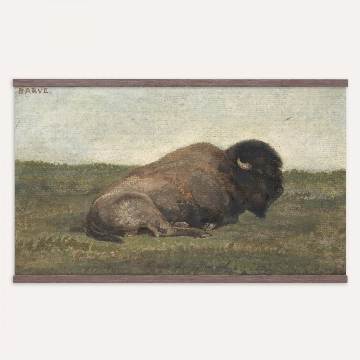 59987270-MGV-TP-30X20 - Realism oil painting tapestry wall hanging of "Bison Lying Down" by Antoine-Louis Barye, showing a heavy bison at rest on open prairie ground, painted with weight and quiet animal presence in deep brown bison coat against muted prairie grass and a low sky. Extra large wall art, made in the USA.