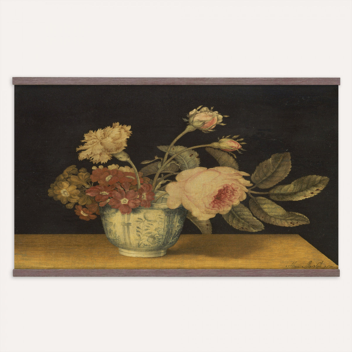 41160341-MGV-TP-30X20 - Impressionism oil painting tapestry wall hanging of "Golden Roses" by Olga Boznanska, showing a loose bunch of golden yellow roses in a glass vase, painted with soft dissolving edges against a warm ground in warm golden-yellow rose petals against a soft muted brown background. Extra large wall art, made in the USA.