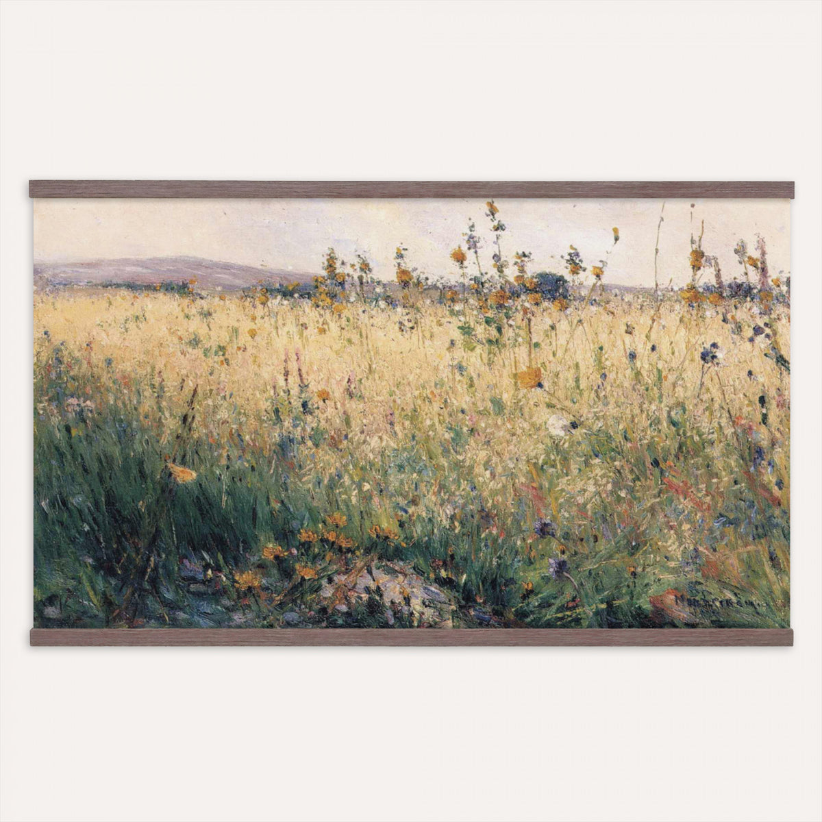 32213014-MGV-TP-30X20 - Tonalism watercolor tapestry wall hanging of "The Babbling Brook" by William Henry Holmes, showing a small brook running through open meadow grass, with soft banks, low shrubs, and a gentle rise beyond in fresh meadow greens with pale blue water and a soft light sky. Extra large wall art, made in the USA.