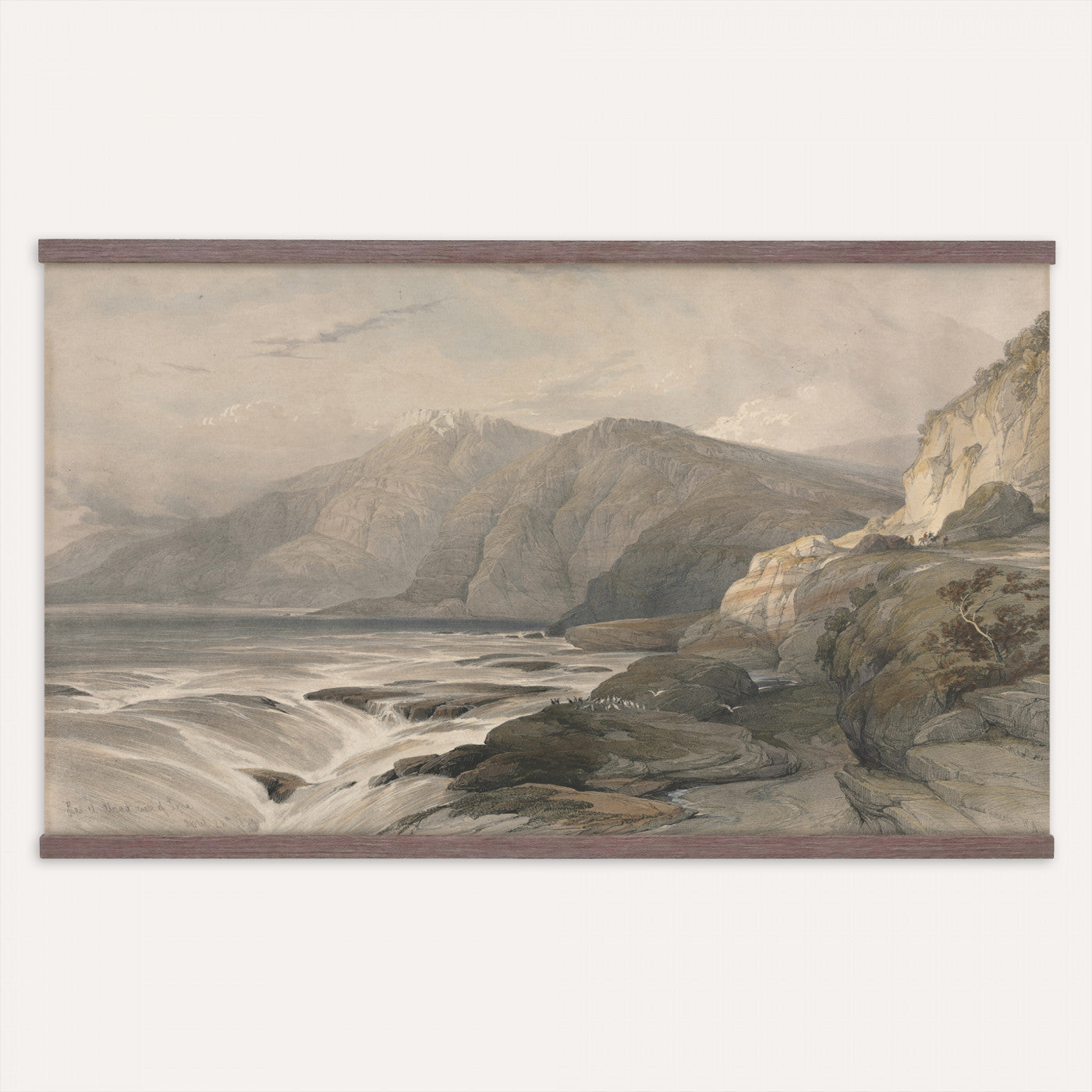 36494221-MGV-TP-30X20 - Realism oil painting tapestry wall hanging of "Stormy Sea" by Alfred Jensen, showing heavy breaking waves rolling under a dark storm sky, with white foam catching the last light on the water in deep grey-green waves with white foam under a heavy storm sky. Extra large wall art, made in the USA.