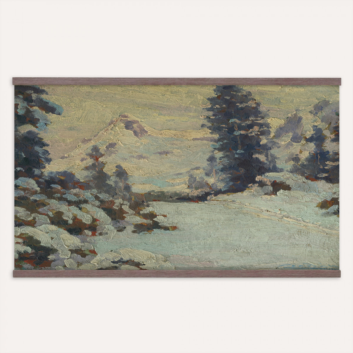 66869729-MGV-TP-30X20 - Realism oil painting tapestry wall hanging of "An Evening in March" by Charlotte Wahlstrom, showing bare late-winter trees along a still river, patches of melting snow, and a low golden evening light on the horizon in cool blue snow shadows against a warm amber sunset sky. Extra large wall art, made in the USA.