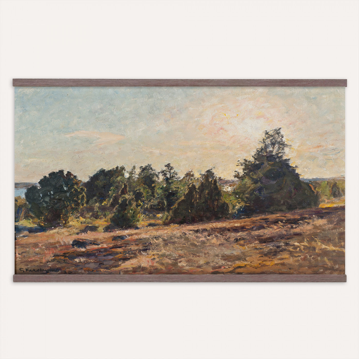 89318871-MGV-TP-30X20 - Impressionism oil painting tapestry wall hanging of "Landscape" by Jane Sutherland, showing a sunlit open field, dry golden grasses, and slender eucalyptus trees leaning under a bright southern sky in warm golden field tones with soft sage-green eucalyptus foliage. Extra large wall art, made in the USA.