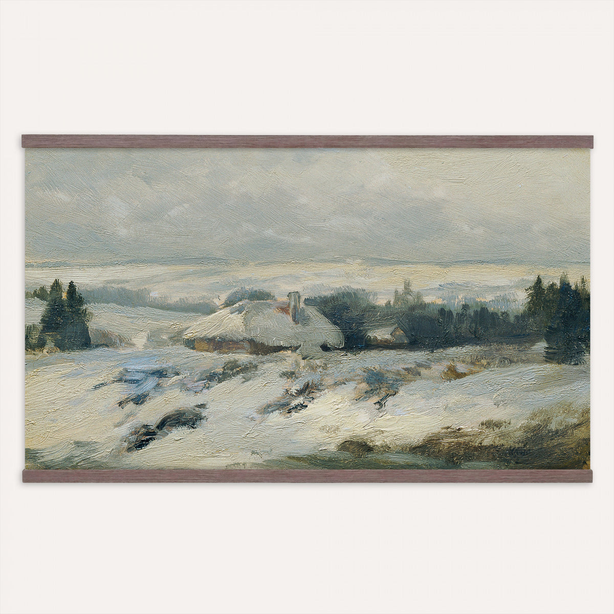 95240376-MGV-TP-30X20 - Realism oil painting tapestry wall hanging of "Bohmisch-Mahrische Hohe" by Ferdinand Engelmuller, showing a snow-covered highland village with low cottages, bare trees, and deep drifts stretching toward pale winter hills in cool white snow with warm ochre cottage walls under a pale winter sky. Extra large wall art, made in the USA.