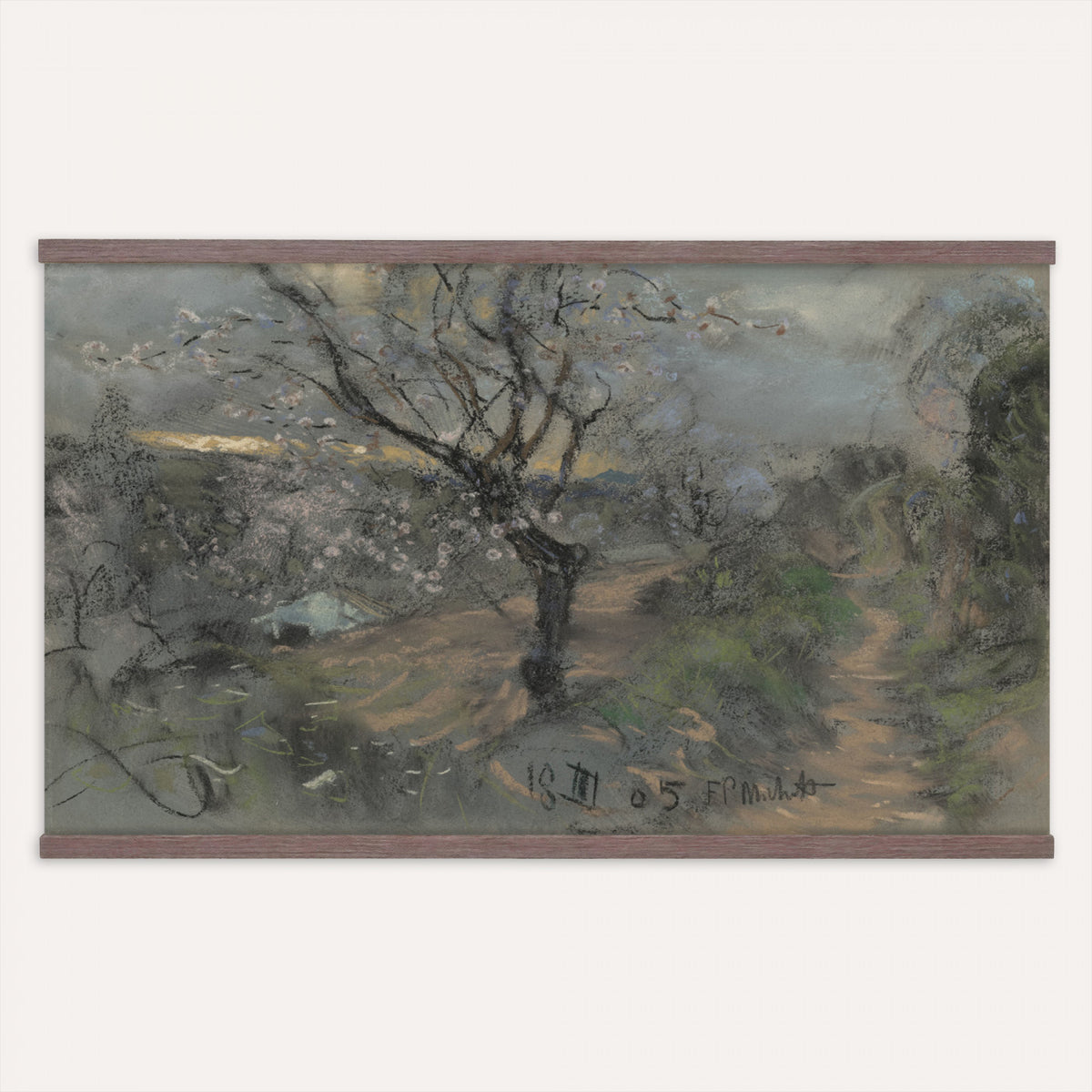 39102913-MGV-TP-30X20 - Realism charcoal and pastel sketch tapestry wall hanging of "Fields with Trees in Blossom" by Francesco Paolo Michetti, showing a dark country road running between blossoming trees, drawn in heavy charcoal under a low stormy sky in deep charcoal greys and blacks with pale blossom highlights. Extra large wall art, made in the USA.