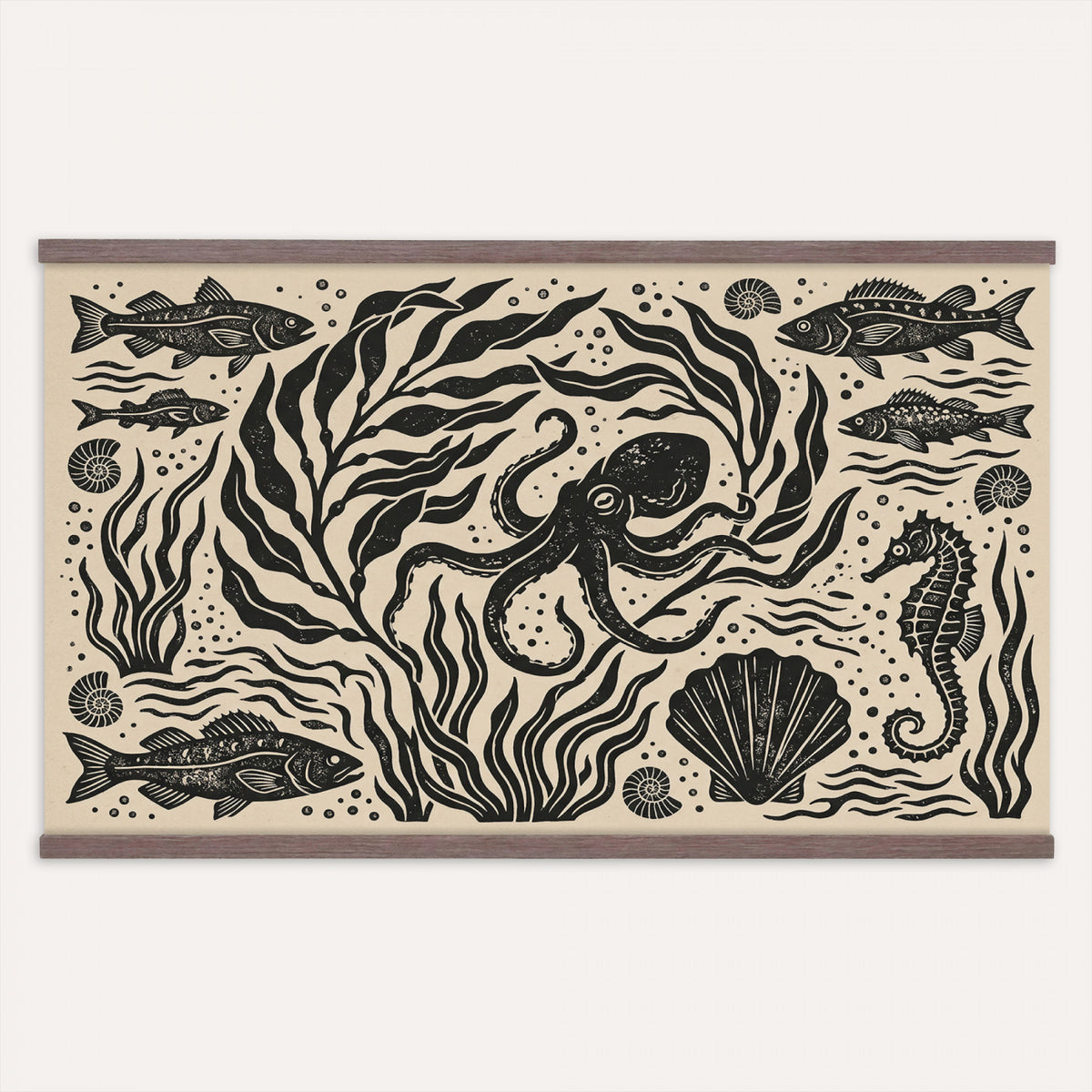 75988079-MGV-TP-30X20 - Folk Art linocut print tapestry wall hanging of "Ocean Life Panel", showing an octopus, seahorses, shells and curling waves cut into bold black and white folk art shapes in bold black linocut shapes on a cream ground. Extra large wall art, made in the USA.