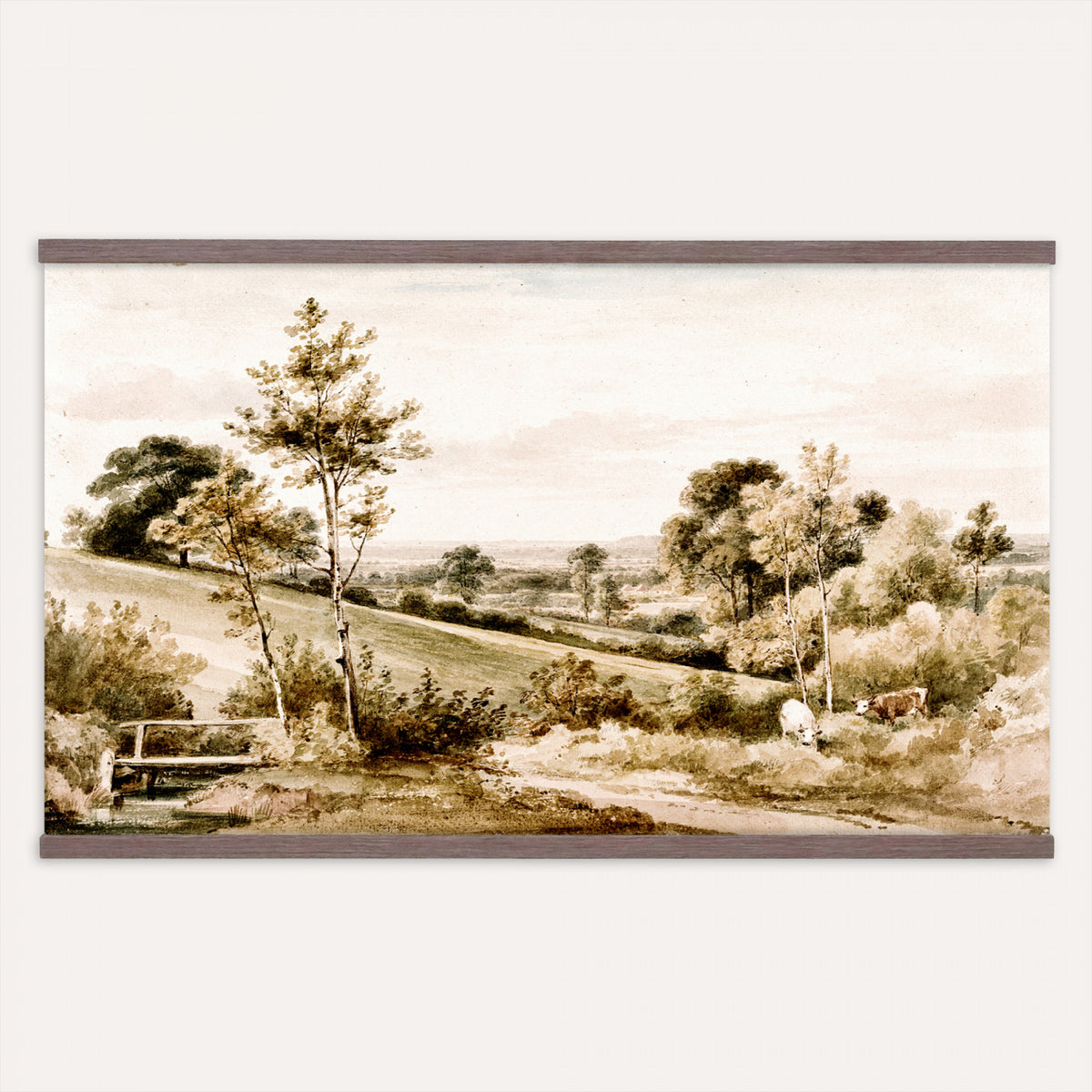 49470375-MGV-TP-30X20 - Romanticism watercolor tapestry wall hanging of "Little Bushey, Hertfordshire" by Henry Edridge, showing cows grazing beside a small stone bridge in open English pasture under a soft pale sky in soft green pasture tones with warm brown cattle under a pale sky. Extra large wall art, made in the USA.