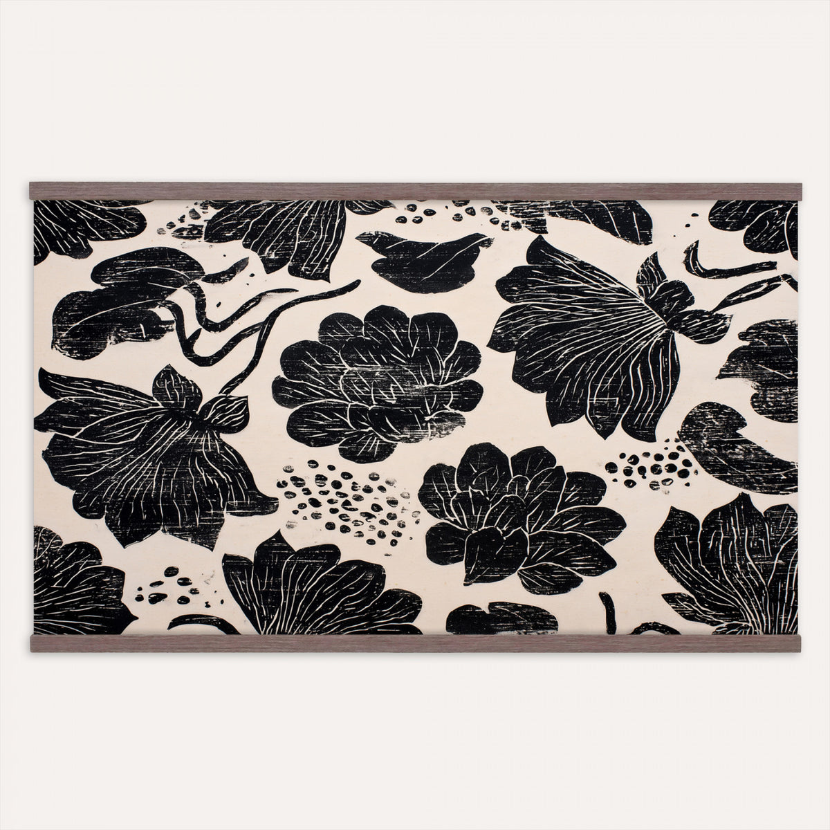 91793867-MGV-TP-30X20 - Chinoiserie ink block print tapestry wall hanging of "Chinoiserie Lotus Panel", showing open lotus flowers and broad water lily pads rising on tall stems, cut in bold black and white in deep black lotus linework on a soft white ground. Extra large wall art, made in the USA.