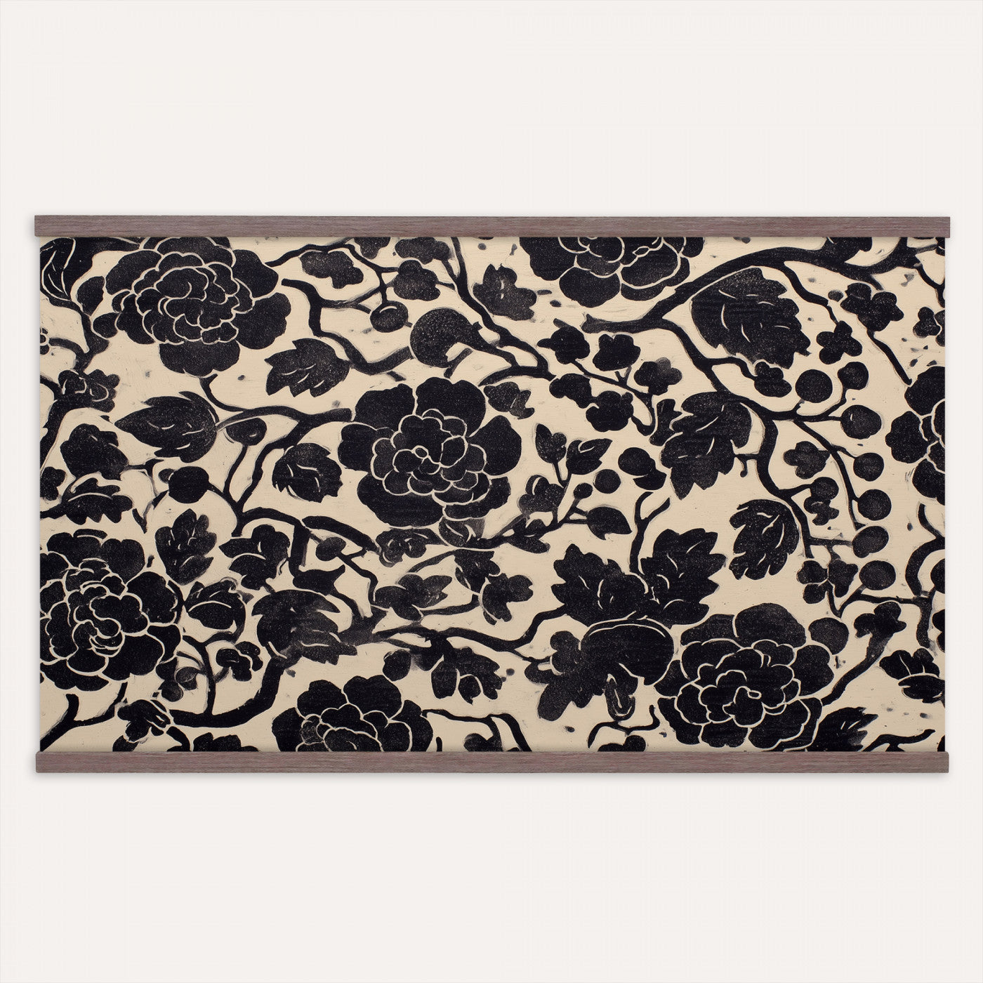 18660803-MGV-TP-30X20 - Chinoiserie ink block print tapestry wall hanging of "Chinoiserie Peony Panel", showing full peony blooms, curling stems and layered leaf work drawn in fine black line on a pale ground in deep black linework on a soft white ground. Extra large wall art, made in the USA.