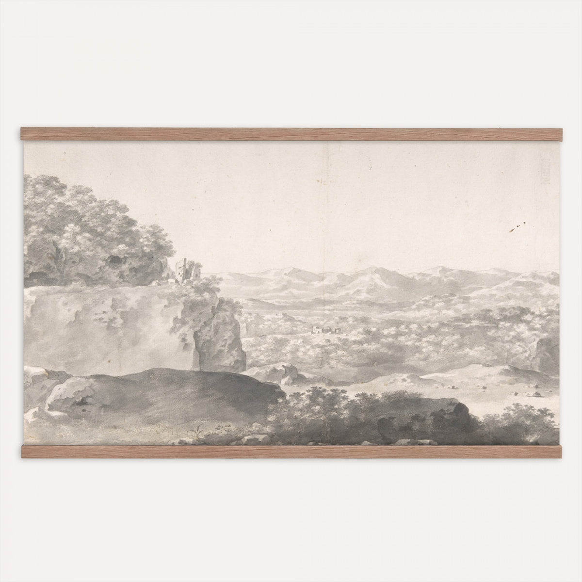 28834866-MGV-TP-30X20 - Classicism pencil and ink sketch tapestry wall hanging of "Landscape with Roman Ruins" by Hendrik Voogd, showing crumbling Roman arches set among tall trees and rocky ground, drawn in fine monochrome line work in monochrome grey and sepia line work on a warm paper tone. Extra large wall art, made in the USA.