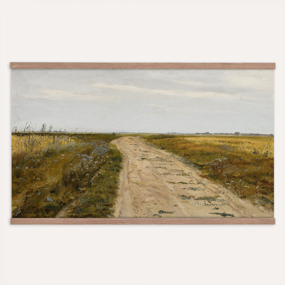 93198256-MGV-TP-30X20 - Realism oil painting tapestry wall hanging of "Field Track" by Jozef Chelmonski, showing a rutted dirt track cutting through open meadow grass toward a low horizon and a wide country sky in warm earth track tones with green meadow grass under a broad sky. Extra large wall art, made in the USA.
