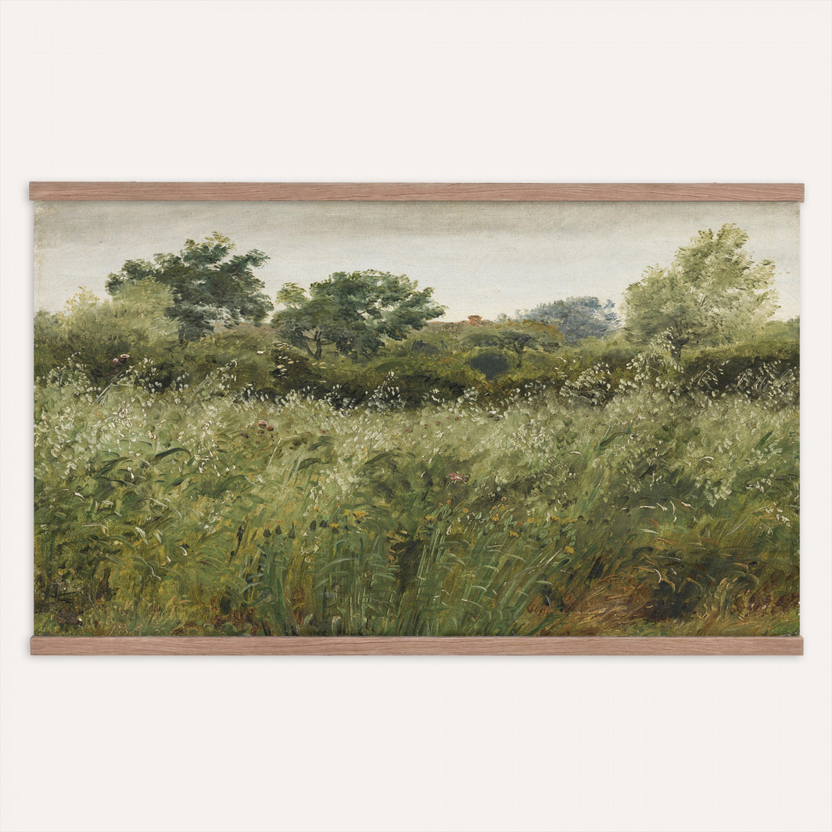 65790269-MGV-TP-30X20 - Realism oil painting tapestry wall hanging of "Field of Oats near Vejby" by Dankvart Dreyer, showing a ripe oat field bending in the breeze, with low farm buildings and a wide soft Danish sky beyond in warm golden oat tones with soft green edges under a pale wide sky. Extra large wall art, made in the USA.