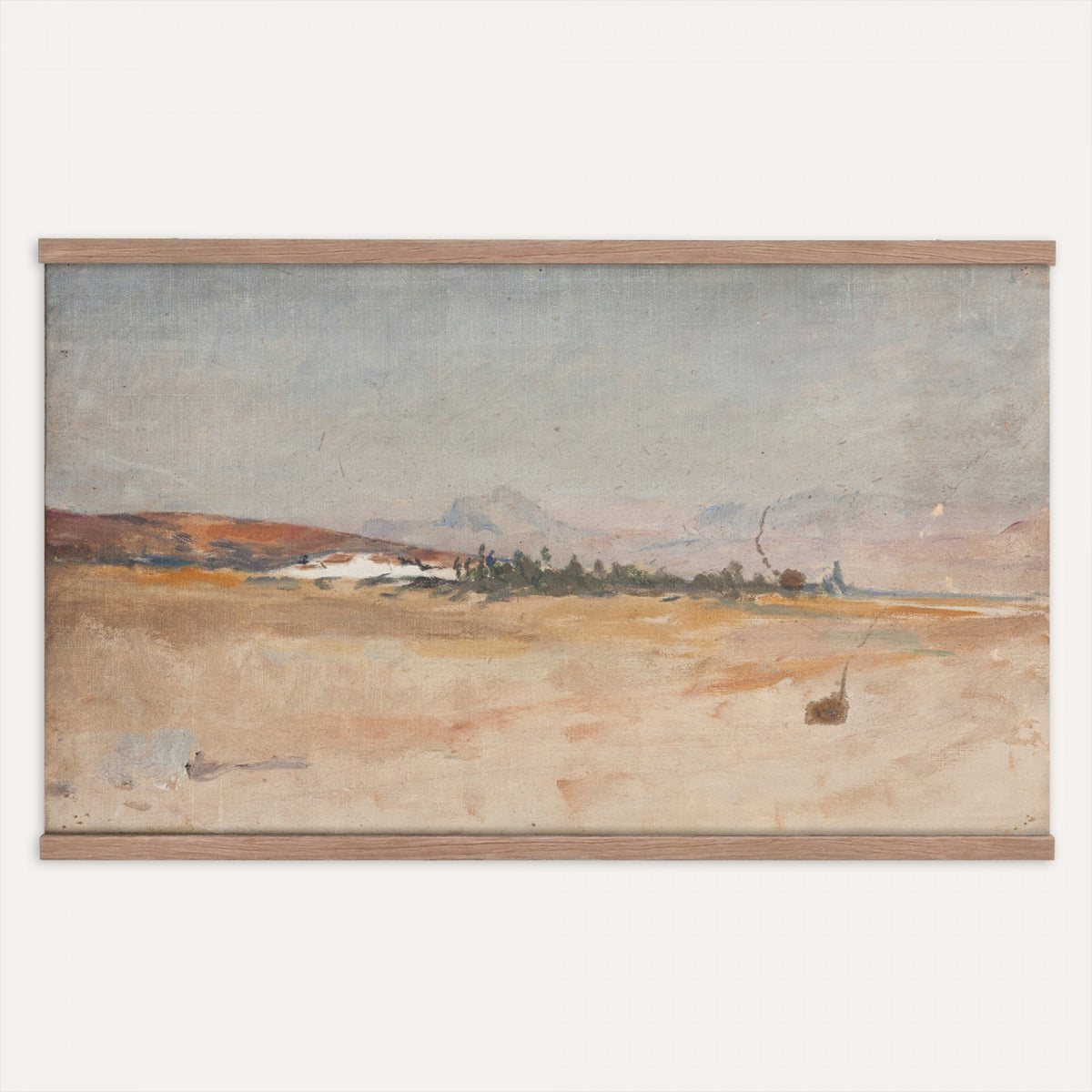 54607912-MGV-TP-30X20 - Impressionism oil painting tapestry wall hanging of "Antequera" by Jan Ciaglinski, showing the dry Andalusian hills above Antequera in warm ochre and rose light, with pale rock ridges rolling into the distance in warm ochre, rose, and sand hill tones under a bright hazy sky. Extra large wall art, made in the USA.