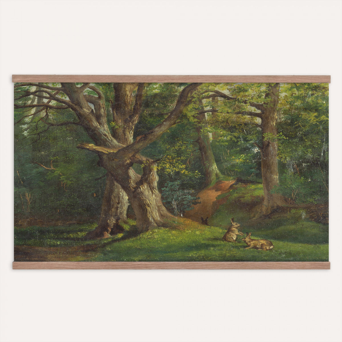 86376524-MGV-TP-30X20 - Barbizon oil painting tapestry wall hanging of "By the Brook" by Xavier De Cock, showing a shaded brook winding through dense woodland, with a small hidden figure resting among the trees in dark layered forest greens with warm brown earth and pale water light. Extra large wall art, made in the USA.