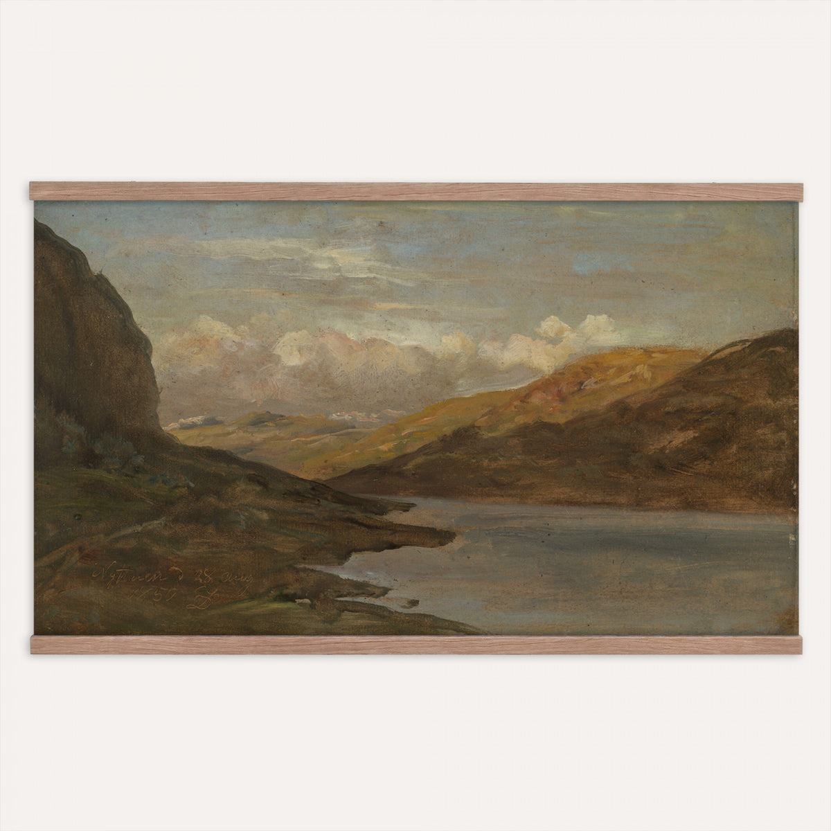 80242556-MGV-TP-30X20 - Neo Impressionism oil painting tapestry wall hanging of "Pool in the Kempen" by Theo van Rysselberghe, showing a still heath pool in the Campine, ringed by low scrub and slender birches under a soft northern sky in cool blue-green water with pale heath grasses and slim birch trunks. Extra large wall art, made in the USA.