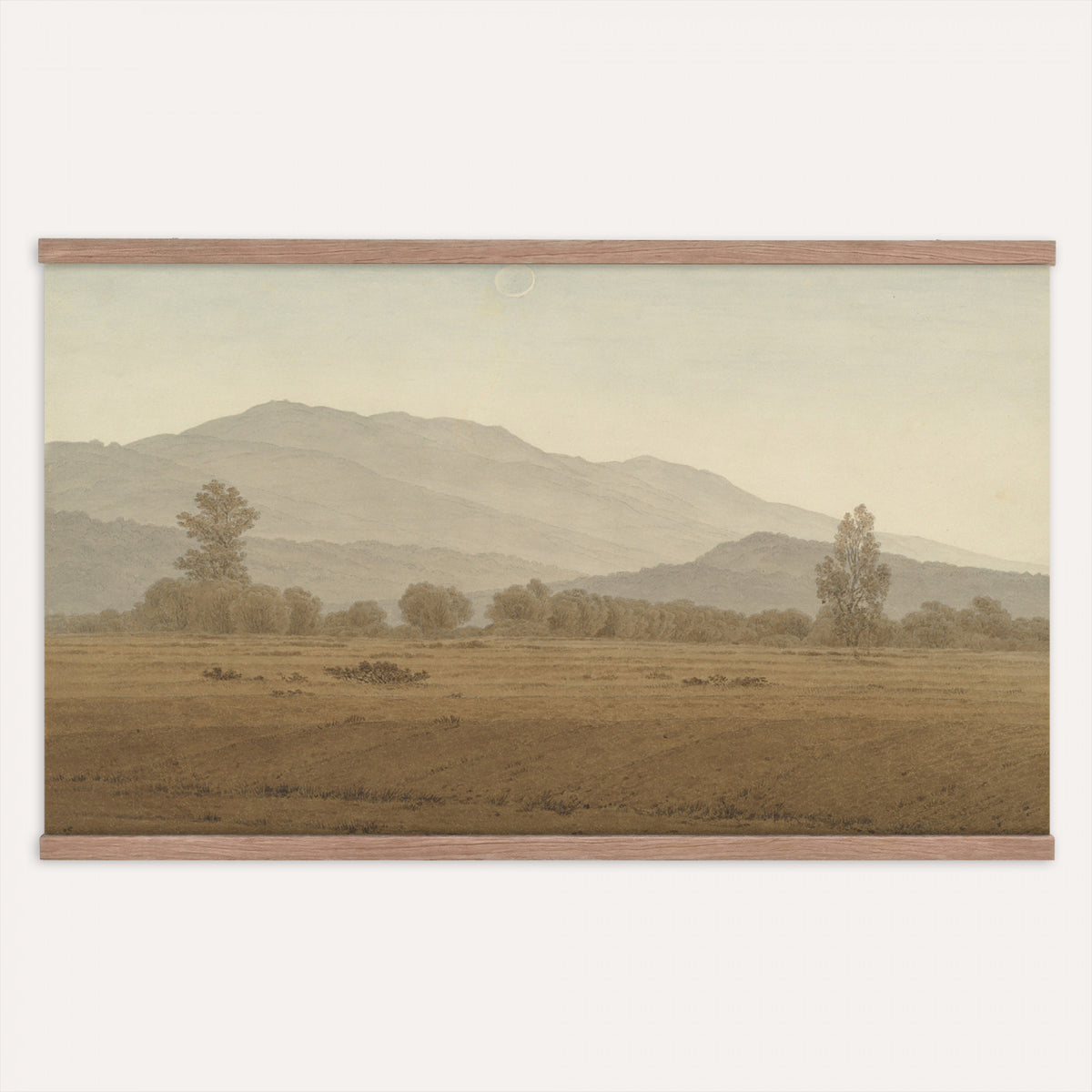 65089395-MGV-TP-30X20 - Realism oil study tapestry wall hanging of "Landscape Study at Grez-sur-Loing" by Frans Van Leemputten, showing an open field study at Grez-sur-Loing, with loose brushwork across low crops, hedgerows, and a soft French sky in soft field greens and warm earth tones under a pale washed sky. Extra large wall art, made in the USA.
