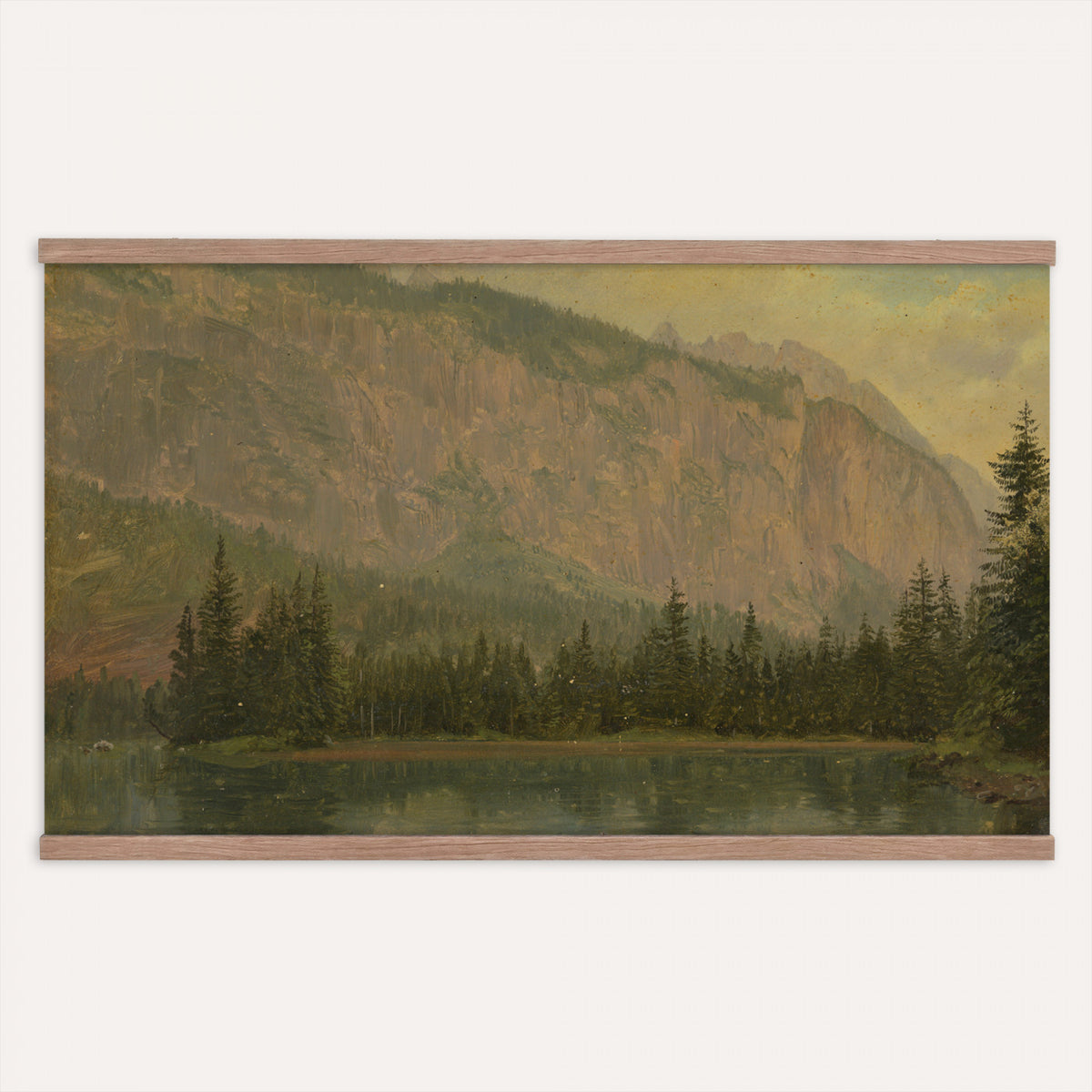 68668932-MGV-TP-30X20 - Tonalism oil painting tapestry wall hanging of "Snow Field" by Charles Henry Eaton, showing an untouched snow field at first light, with a dark tree line at the edge and long blue shadows across the drifts in bright white snow with cool blue shadows and a dark winter tree line. Extra large wall art, made in the USA.