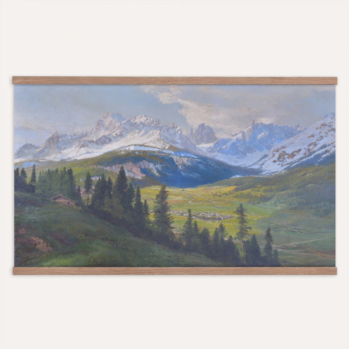 10840888-MGV-TP-30X20 - Romanticism oil study tapestry wall hanging of "A Lake Landscape" by Joseph Selleny, showing a still mountain lake under gathering storm clouds, with steep dark slopes falling straight into the water in deep slate blue water and dark mountain slopes under a heavy grey sky. Extra large wall art, made in the USA.
