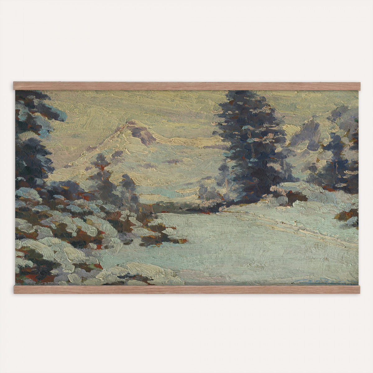 66869729-MGV-TP-30X20 - Realism oil painting tapestry wall hanging of "An Evening in March" by Charlotte Wahlstrom, showing bare late-winter trees along a still river, patches of melting snow, and a low golden evening light on the horizon in cool blue snow shadows against a warm amber sunset sky. Extra large wall art, made in the USA.