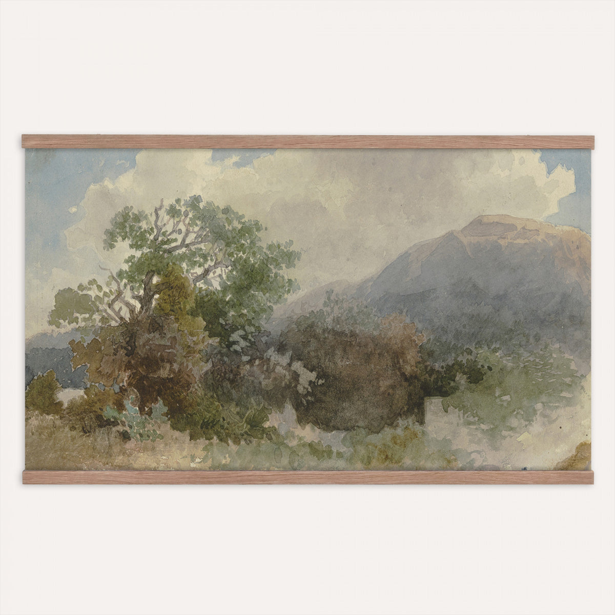 57654233-MGV-TP-30X20 - Romanticism watercolor tapestry wall hanging of "Landscape with a Church" by Thomas Girtin, showing a village church tower rising above open farmland, weathered stone walls, and a wide, luminous English sky in muted grey-blue washes with warm ochre fields and a pale open sky. Extra large wall art, made in the USA.