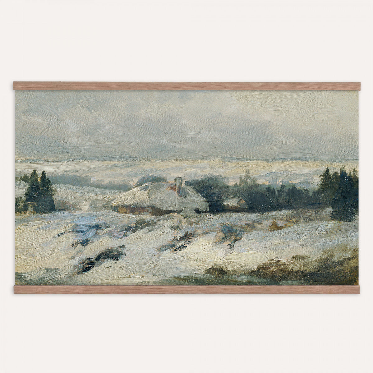 95240376-MGV-TP-30X20 - Realism oil painting tapestry wall hanging of "Bohmisch-Mahrische Hohe" by Ferdinand Engelmuller, showing a snow-covered highland village with low cottages, bare trees, and deep drifts stretching toward pale winter hills in cool white snow with warm ochre cottage walls under a pale winter sky. Extra large wall art, made in the USA.