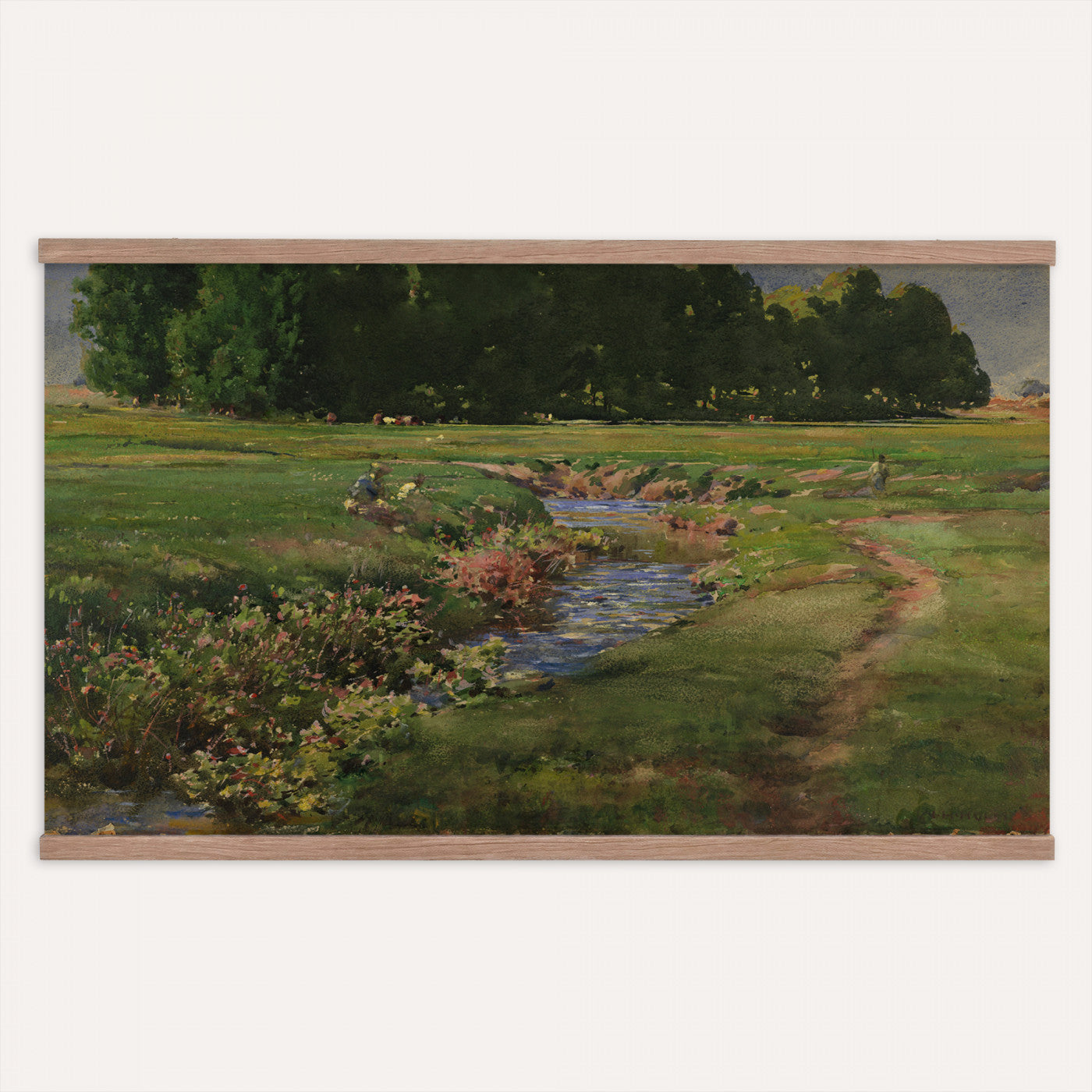 28805531-MGV-TP-30X20 - Tonalism watercolor tapestry wall hanging of "The Babbling Brook" by William Henry Holmes, showing a small brook running through open meadow grass, with soft banks, low shrubs, and a gentle rise beyond in fresh meadow greens with pale blue water and a soft light sky. Extra large wall art, made in the USA.