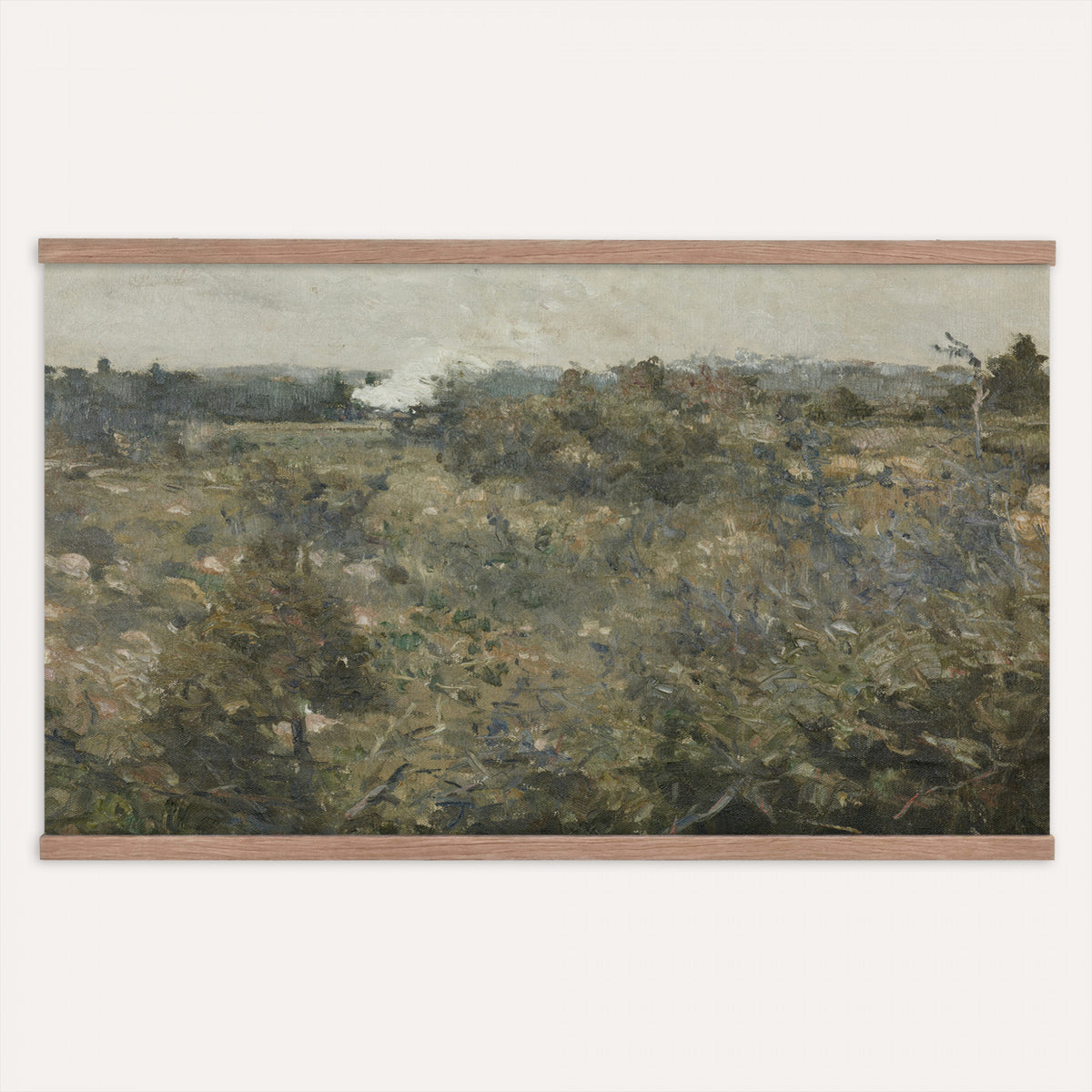 17414183-MGV-TP-30X20 - Realism oil study tapestry wall hanging of "Landscape Study at Grez-sur-Loing" by Frans Van Leemputten, showing an open field study at Grez-sur-Loing, with loose brushwork across low crops, hedgerows, and a soft French sky in soft field greens and warm earth tones under a pale washed sky. Extra large wall art, made in the USA.