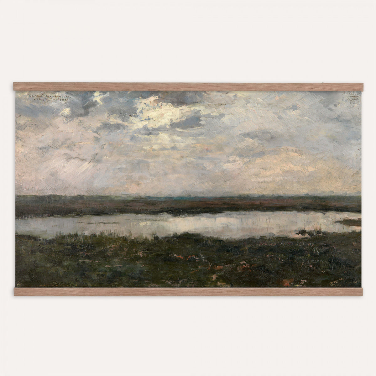 57830037-MGV-TP-30X20 - Neo Impressionism oil painting tapestry wall hanging of "Pool in the Kempen" by Theo van Rysselberghe, showing a still heath pool in the Campine, ringed by low scrub and slender birches under a soft northern sky in cool blue-green water with pale heath grasses and slim birch trunks. Extra large wall art, made in the USA.