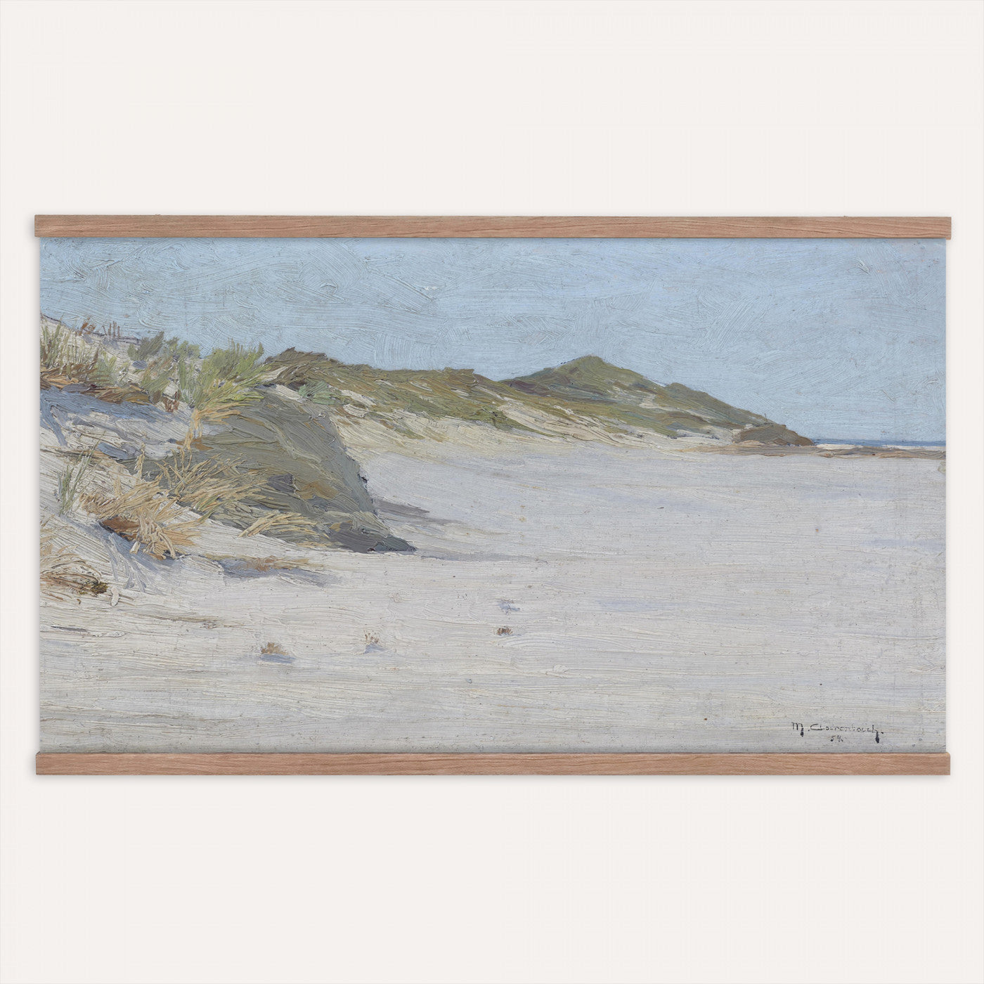 74023087-MGV-TP-30X20 - Impressionism oil painting tapestry wall hanging of "Beach Dunes" by Max Clarenbach, showing low rolling sand dunes topped with pale beach grass, opening toward a quiet sea under a wide soft sky in pale sand tones and dune grass under a wide soft blue-grey sky. Extra large wall art, made in the USA.
