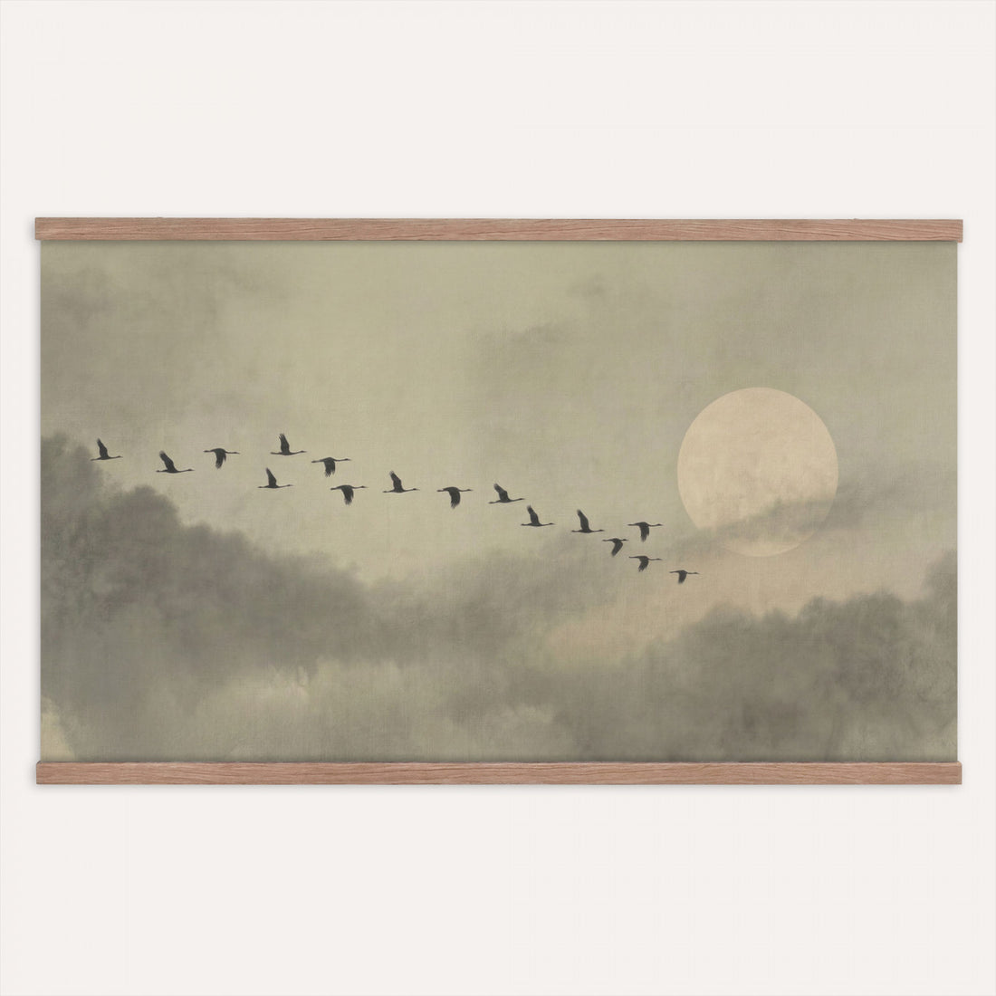 Flying Cranes Tapestry Wall Art, Misty Landscape with Moon, Sage Green Japandi Decor, Framed Print