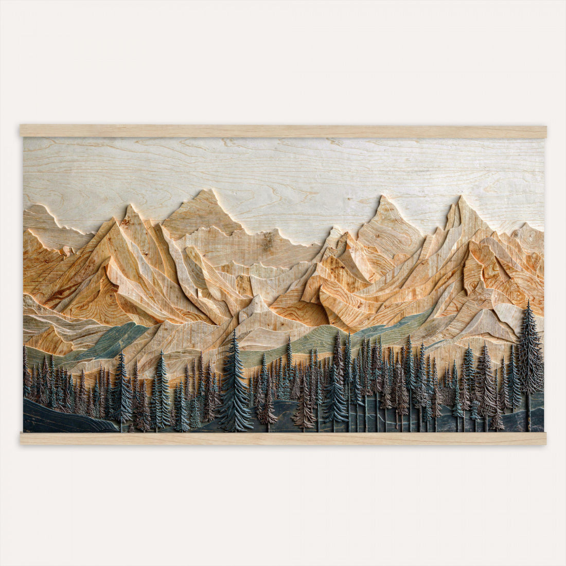 Geometric Wood Mountain Wall Art Canvas Print, 3D Look Rustic Mosaic Landscape Print
