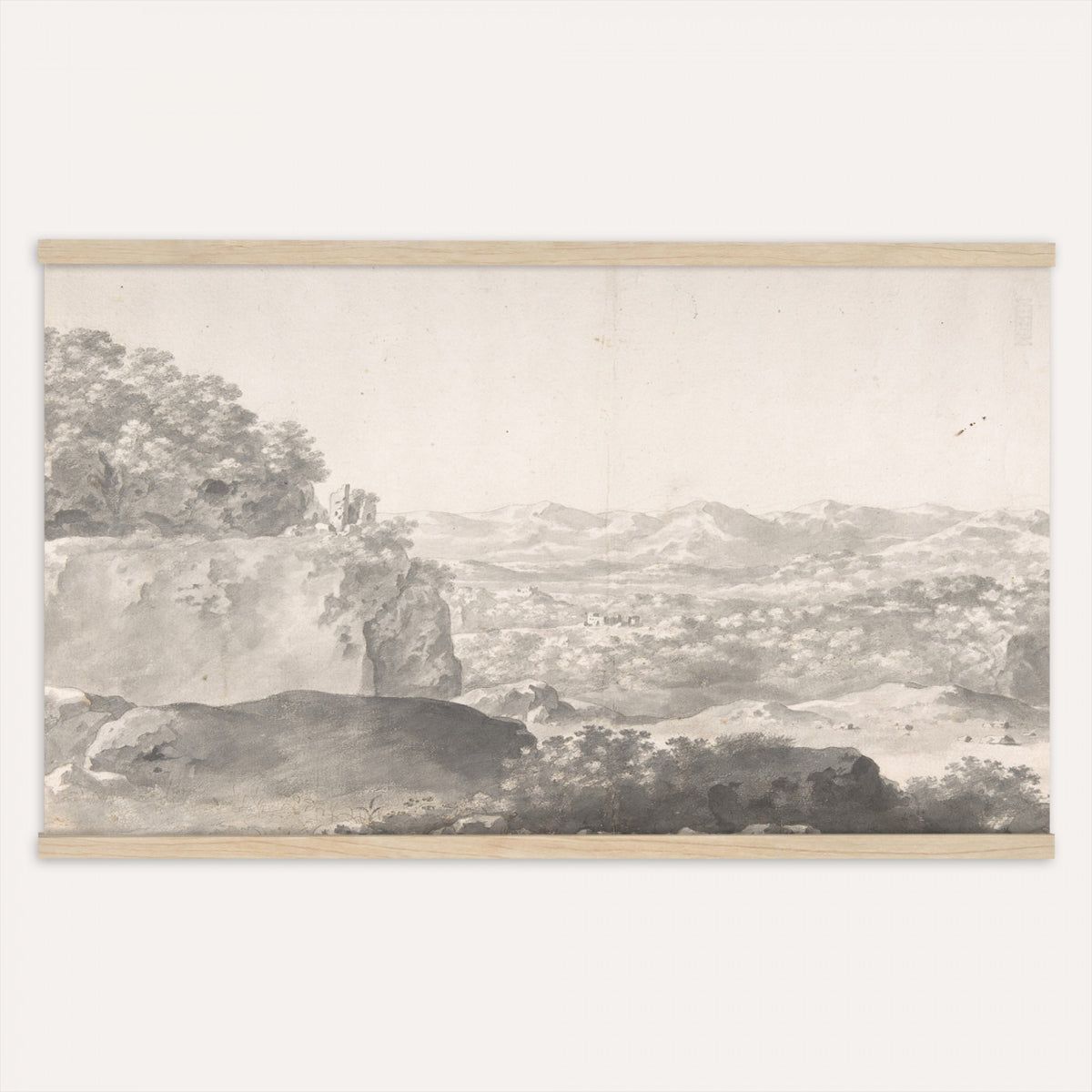 28834866-MGV-TP-30X20 - Classicism pencil and ink sketch tapestry wall hanging of "Landscape with Roman Ruins" by Hendrik Voogd, showing crumbling Roman arches set among tall trees and rocky ground, drawn in fine monochrome line work in monochrome grey and sepia line work on a warm paper tone. Extra large wall art, made in the USA.