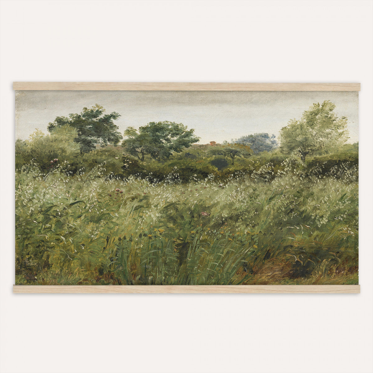65790269-MGV-TP-30X20 - Realism oil painting tapestry wall hanging of "Field of Oats near Vejby" by Dankvart Dreyer, showing a ripe oat field bending in the breeze, with low farm buildings and a wide soft Danish sky beyond in warm golden oat tones with soft green edges under a pale wide sky. Extra large wall art, made in the USA.