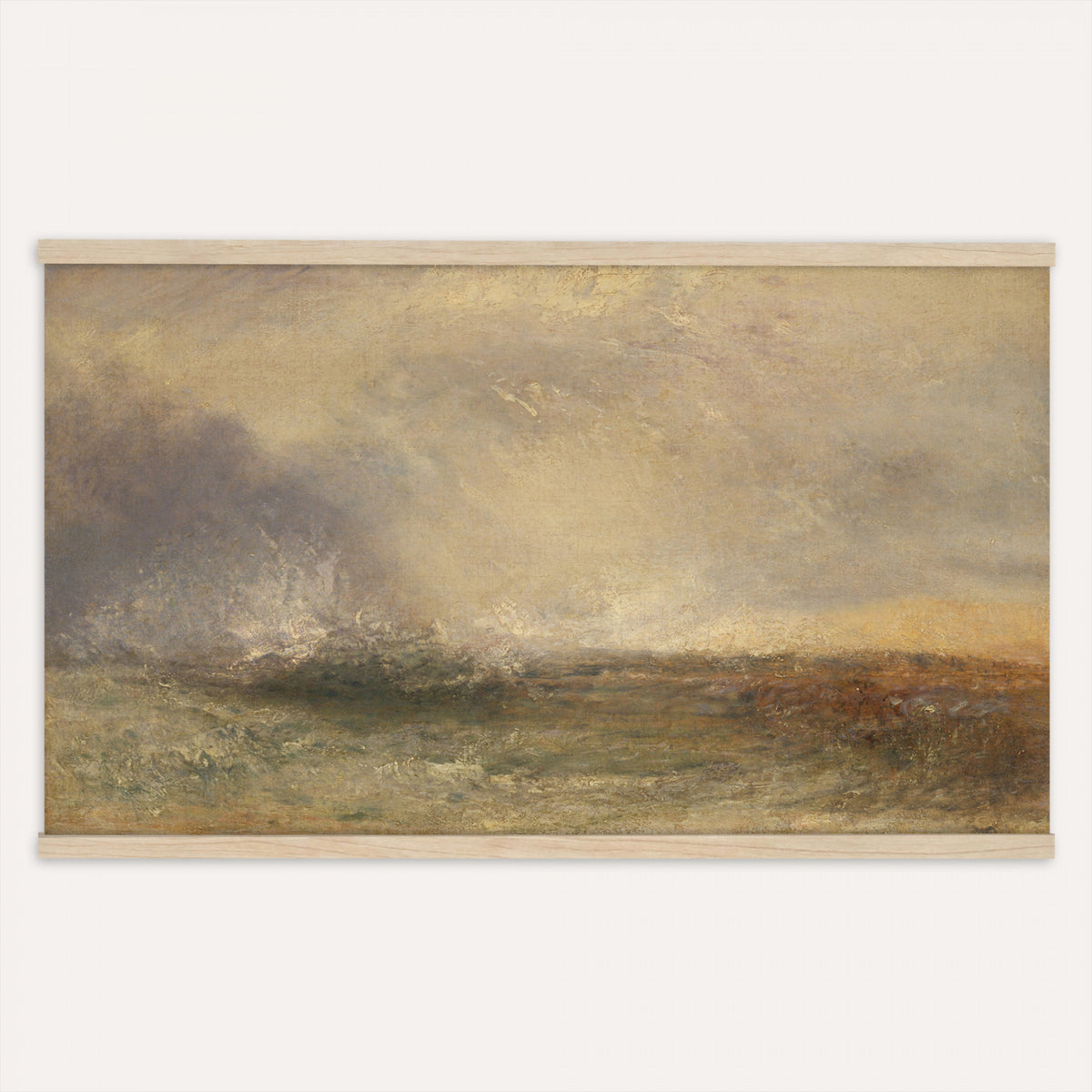 60751788-MGV-TP-30X20 - Tonalism oil painting tapestry wall hanging of "Snow Field" by Charles Henry Eaton, showing an untouched snow field at first light, with a dark tree line at the edge and long blue shadows across the drifts in bright white snow with cool blue shadows and a dark winter tree line. Extra large wall art, made in the USA.