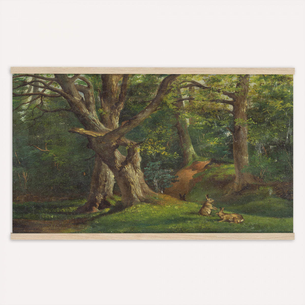 86376524-MGV-TP-30X20 - Barbizon oil painting tapestry wall hanging of "By the Brook" by Xavier De Cock, showing a shaded brook winding through dense woodland, with a small hidden figure resting among the trees in dark layered forest greens with warm brown earth and pale water light. Extra large wall art, made in the USA.