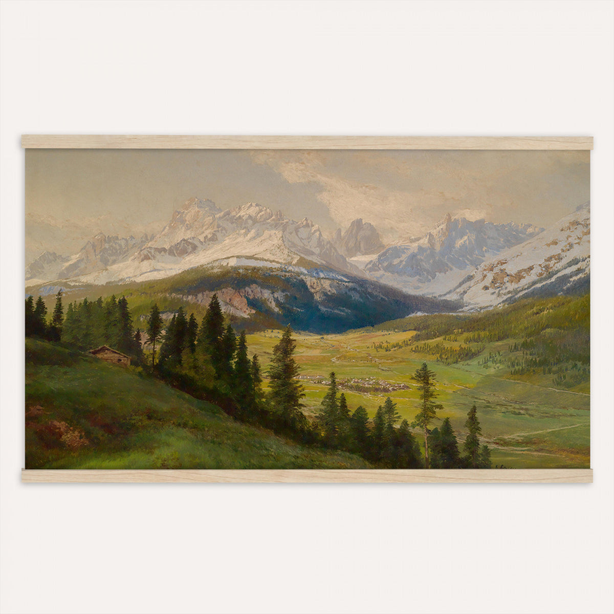 59788731-MGV-TP-30X20 - Realism charcoal and pastel sketch tapestry wall hanging of "Fields with Trees in Blossom" by Francesco Paolo Michetti, showing a dark country road running between blossoming trees, drawn in heavy charcoal under a low stormy sky in deep charcoal greys and blacks with pale blossom highlights. Extra large wall art, made in the USA.