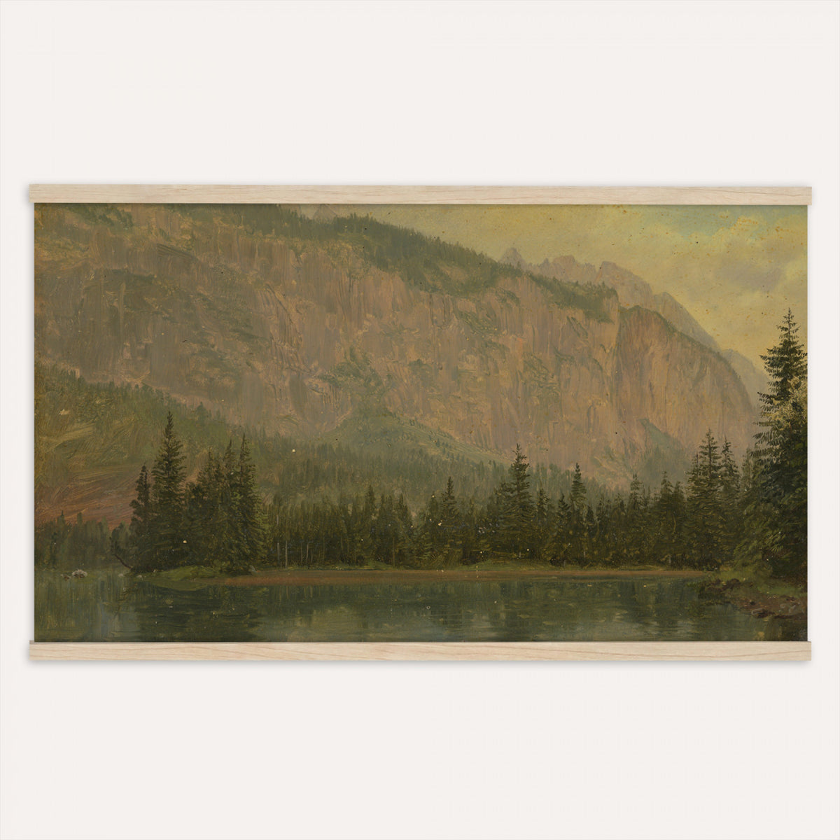 68668932-MGV-TP-30X20 - Tonalism oil painting tapestry wall hanging of "Snow Field" by Charles Henry Eaton, showing an untouched snow field at first light, with a dark tree line at the edge and long blue shadows across the drifts in bright white snow with cool blue shadows and a dark winter tree line. Extra large wall art, made in the USA.