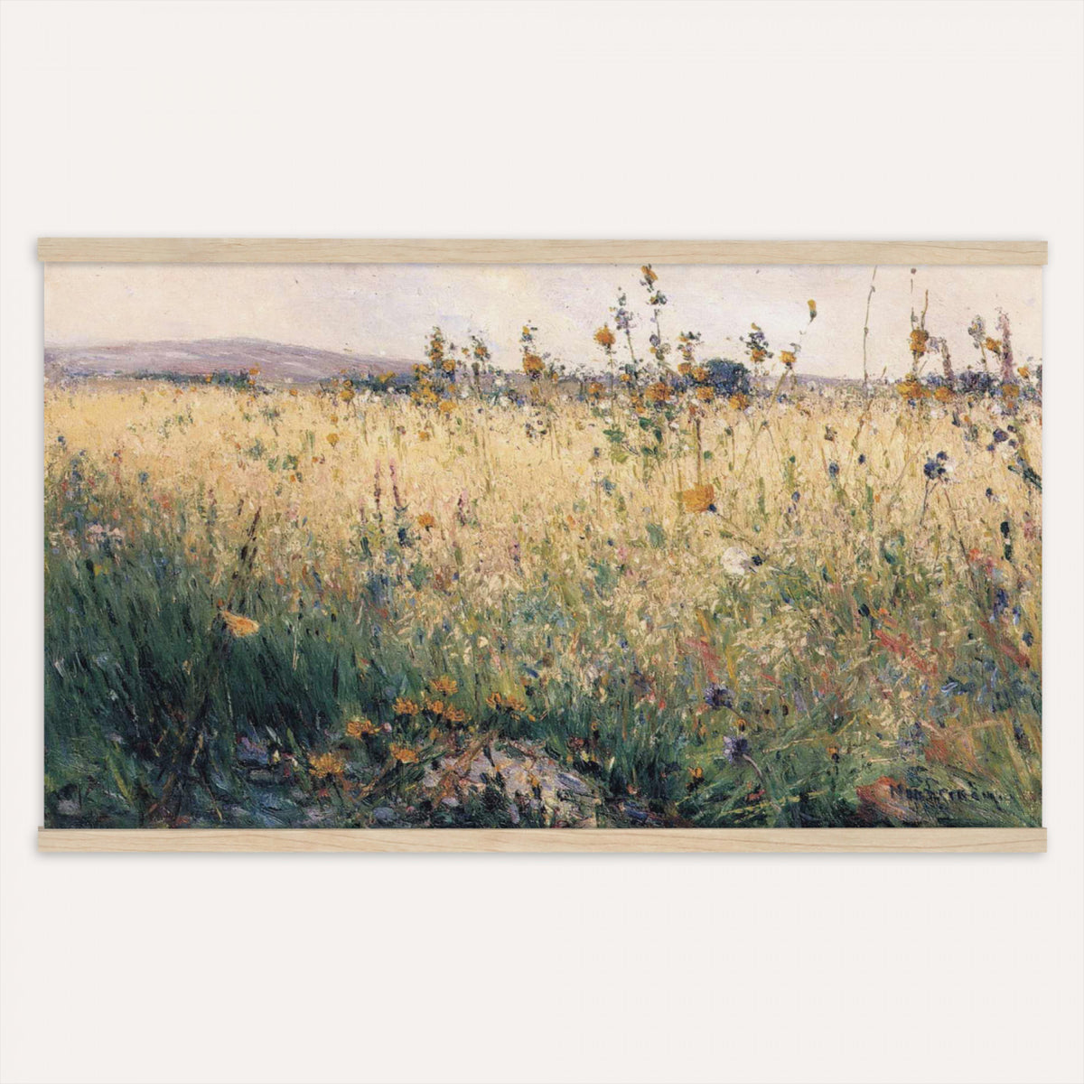 32213014-MGV-TP-30X20 - Tonalism watercolor tapestry wall hanging of "The Babbling Brook" by William Henry Holmes, showing a small brook running through open meadow grass, with soft banks, low shrubs, and a gentle rise beyond in fresh meadow greens with pale blue water and a soft light sky. Extra large wall art, made in the USA.