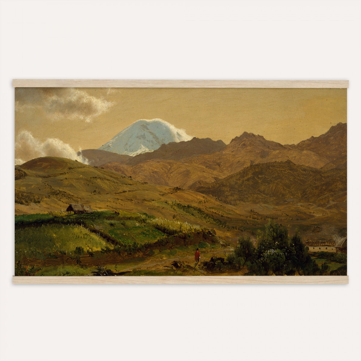 35940800-MGV-TP-30X20 - Realism oil study tapestry wall hanging of "Road across the Hills, Study" by Dankvart Dreyer, showing a bare country road climbing across open hills, with low scrub, worn ruts, and a wide Danish sky above in warm sandy road tones and dry hill greens under a pale wide sky. Extra large wall art, made in the USA.