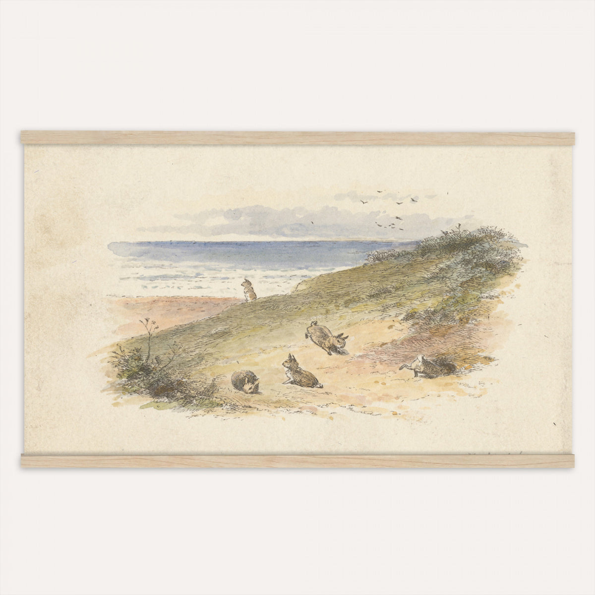 66469086-MGV-TP-30X20 - Post Impressionism oil painting tapestry wall hanging of "Spring" by Ernest de Chamaillard, showing a stone Breton cottage behind a blossoming tree in full pink bloom, with a bright spring garden around it in soft pink blossoms against grey stone walls and new spring green. Extra large wall art, made in the USA.