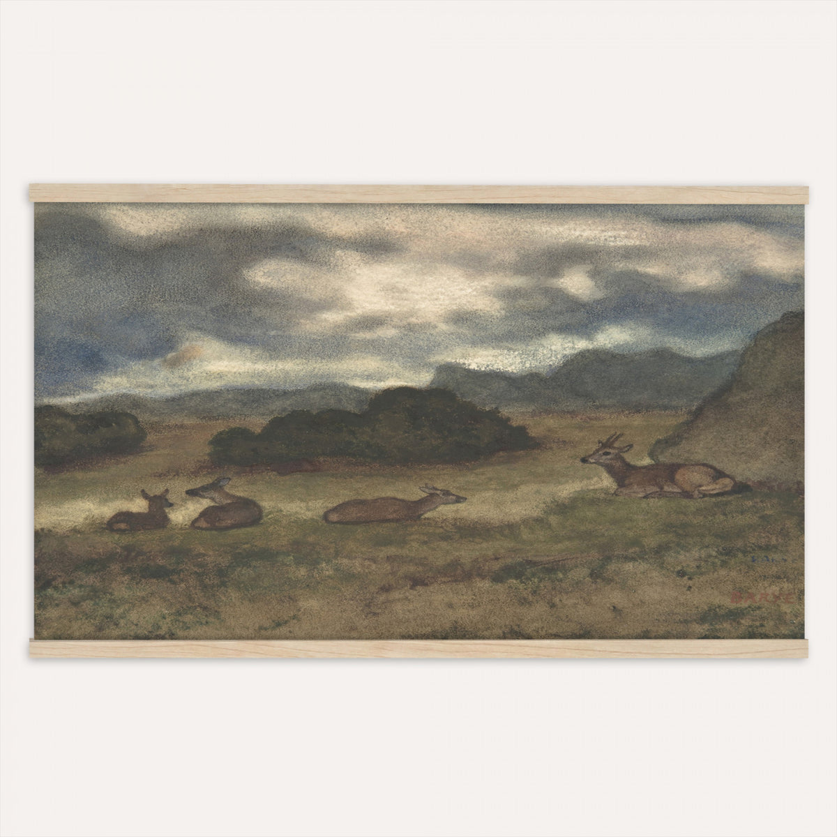 72841227-MGV-TP-30X20 - Realism oil painting tapestry wall hanging of "Bohmisch-Mahrische Hohe" by Ferdinand Engelmuller, showing a snow-covered highland village with low cottages, bare trees, and deep drifts stretching toward pale winter hills in cool white snow with warm ochre cottage walls under a pale winter sky. Extra large wall art, made in the USA.