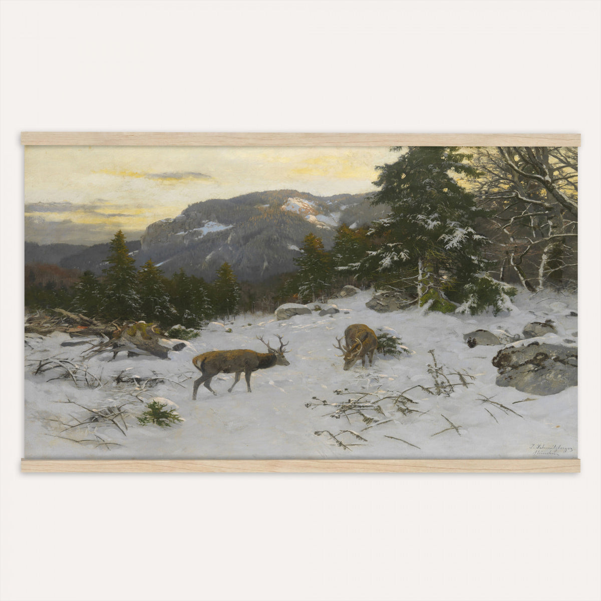88363585-MGV-TP-30X20 - Realism oil painting tapestry wall hanging of "Rotwild" by Franz Xaver von Pausinger, showing a herd of red deer resting in a quiet clearing, tall grasses, and dark forest edges fading into soft light in warm russet deer coats against deep forest green and golden grass. Extra large wall art, made in the USA.