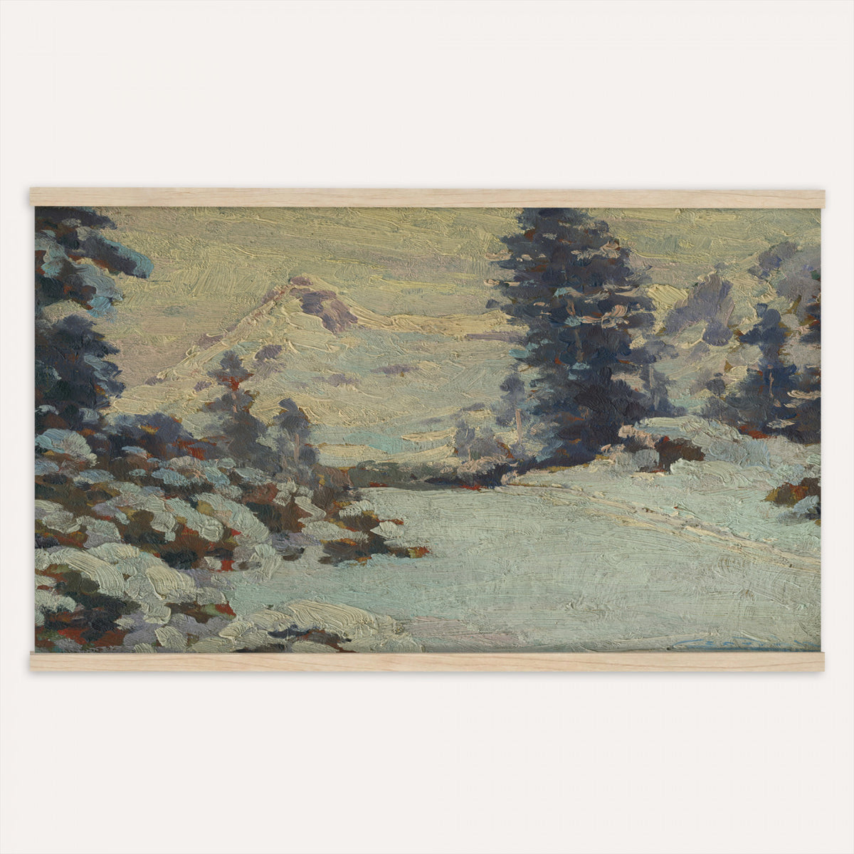 66869729-MGV-TP-30X20 - Realism oil painting tapestry wall hanging of "An Evening in March" by Charlotte Wahlstrom, showing bare late-winter trees along a still river, patches of melting snow, and a low golden evening light on the horizon in cool blue snow shadows against a warm amber sunset sky. Extra large wall art, made in the USA.
