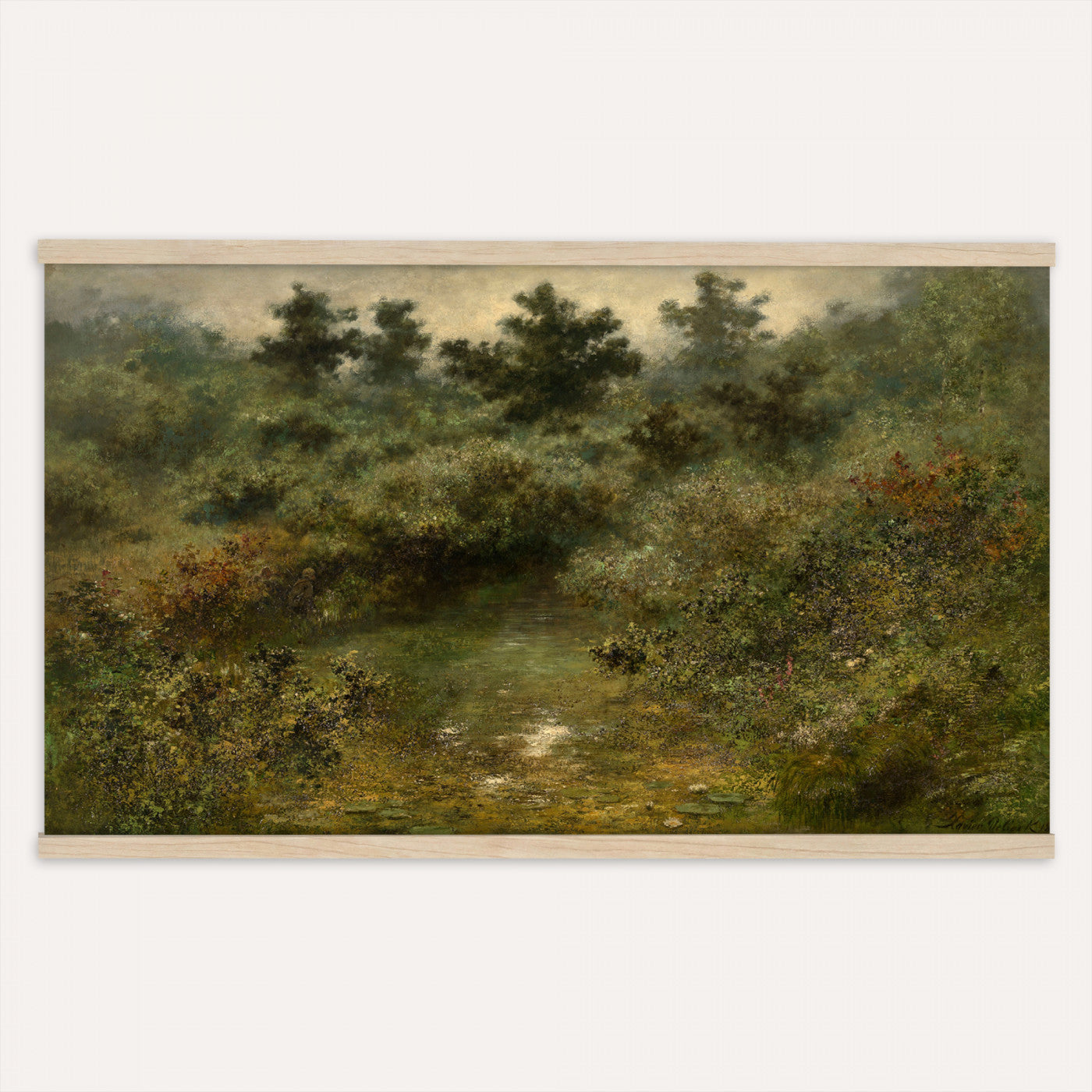 66880646-MGV-TP-30X20 - Barbizon oil painting tapestry wall hanging of "By the Brook" by Xavier De Cock, showing a shaded brook winding through dense woodland, with a small hidden figure resting among the trees in dark layered forest greens with warm brown earth and pale water light. Extra large wall art, made in the USA.