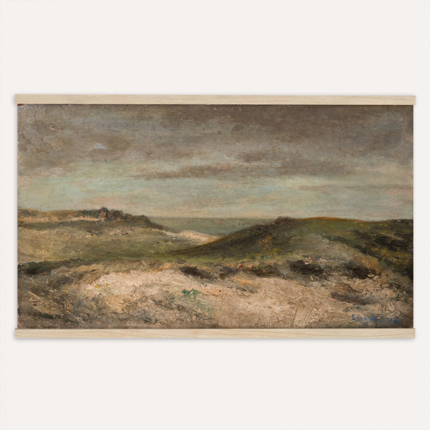 68383237-MGV-TP-30X20 - Expressionism oil painting tapestry wall hanging of "Dunes" by James Ensor, showing a steep dune ridge cutting across the canvas, with wind-bent grasses and a heavy sky pressing down behind it in muted sand and olive dune tones under a dark weighted sky. Extra large wall art, made in the USA.