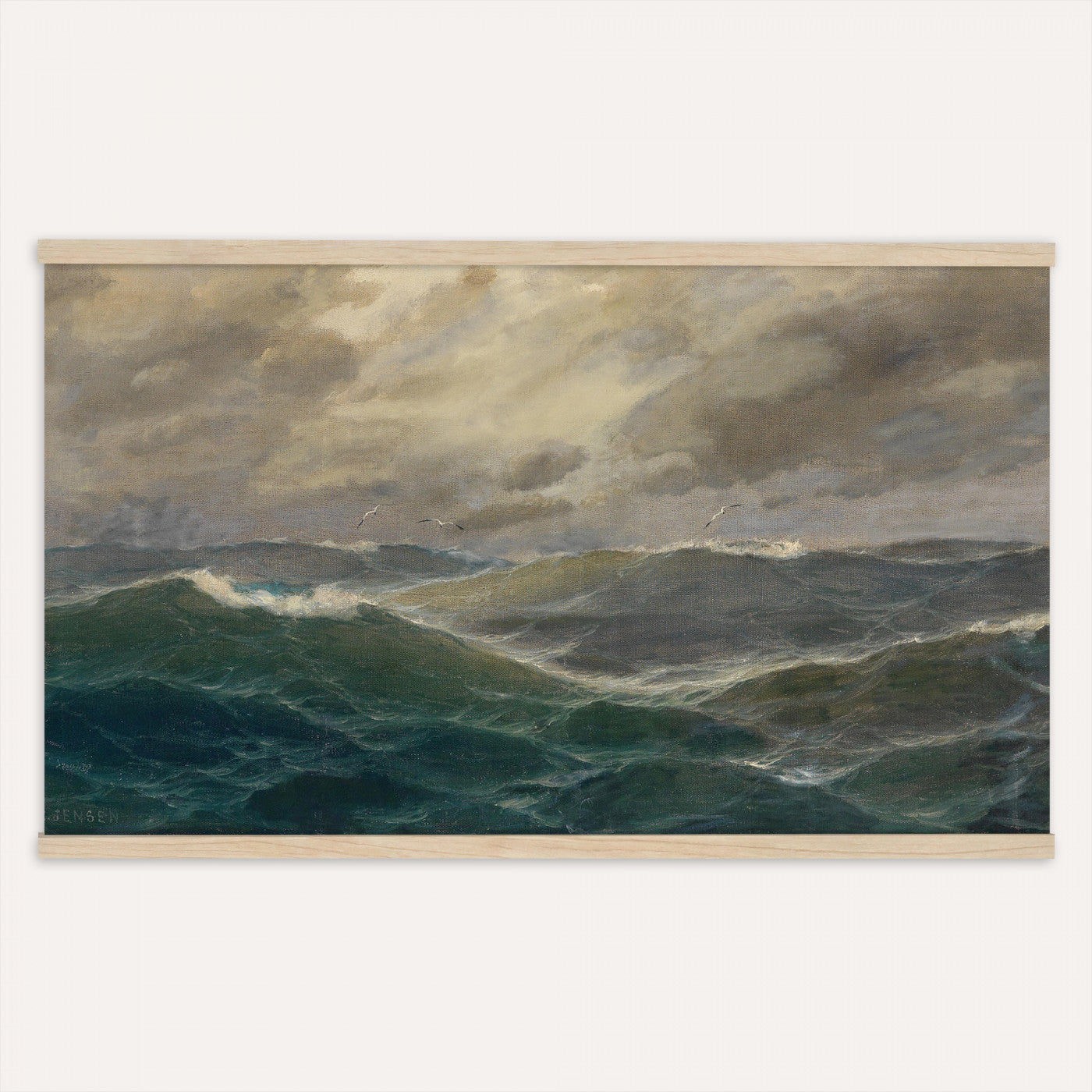 93539190-MGV-TP-30X20 - Realism oil painting tapestry wall hanging of "Stormy Sea" by Alfred Jensen, showing heavy breaking waves rolling under a dark storm sky, with white foam catching the last light on the water in deep grey-green waves with white foam under a heavy storm sky. Extra large wall art, made in the USA.